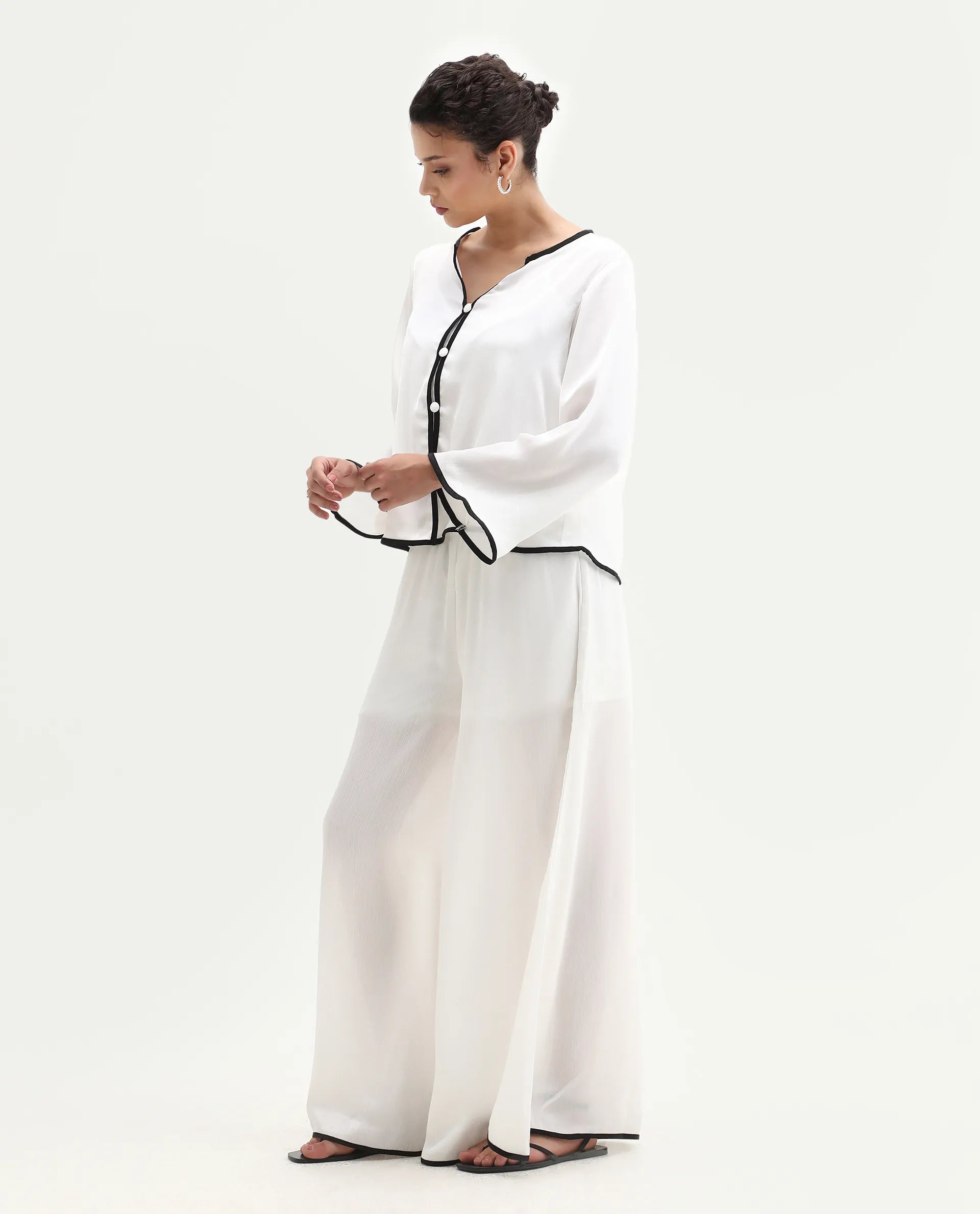 Rareism Women's Janula B White Polyester Plain Ankle Length Flared Trouser