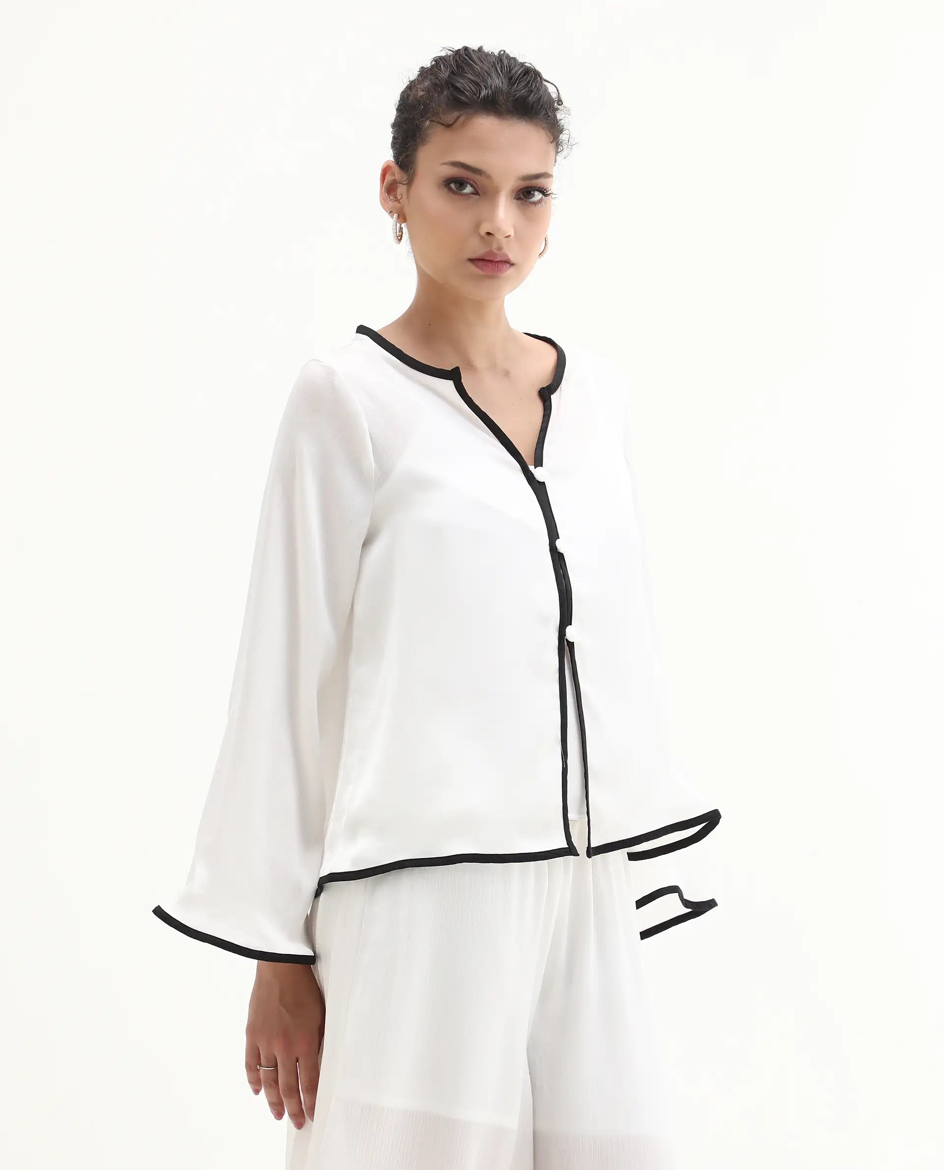 Rareism Women's Janula T White Polyester Round Neck Plain Bell Sleeve Regular Fit Top