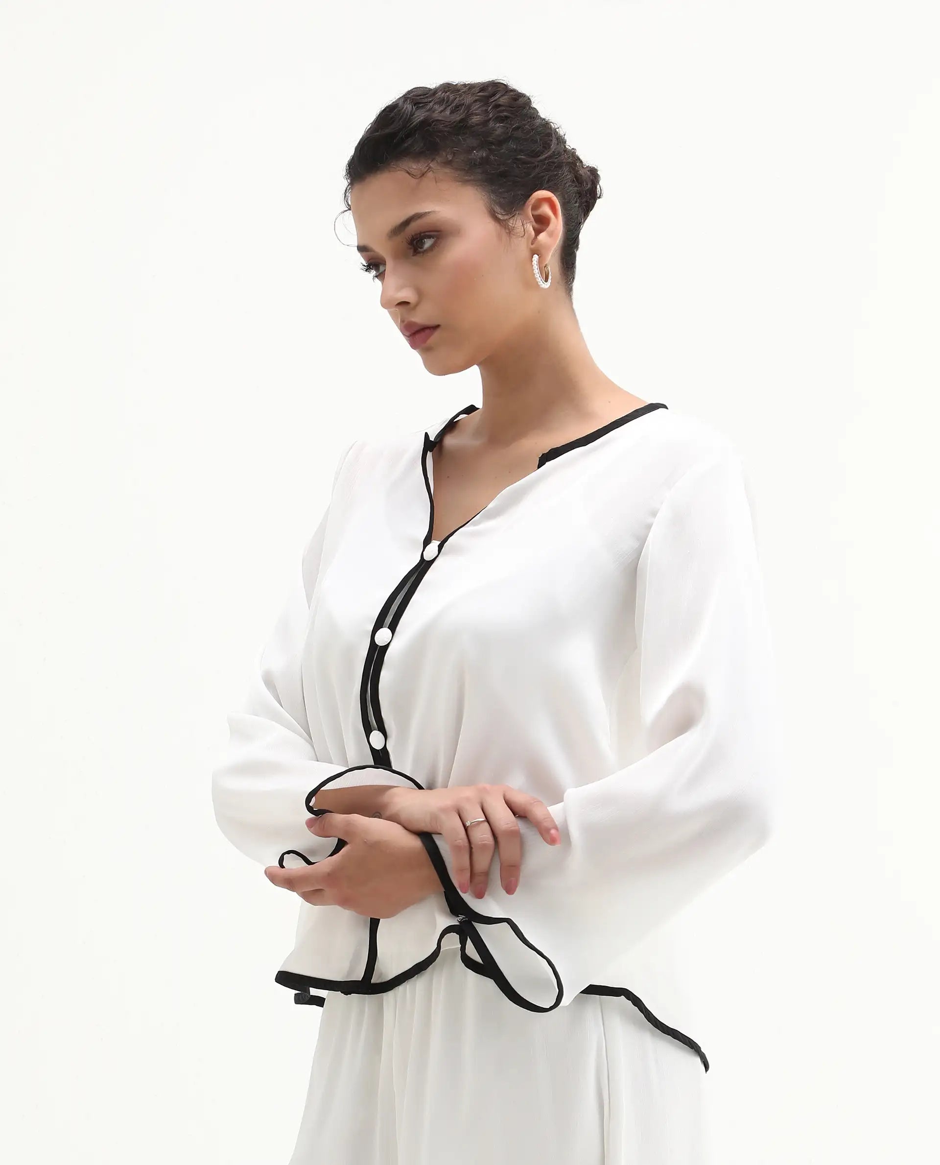 Rareism Women's Janula T White Polyester Round Neck Plain Bell Sleeve Regular Fit Top