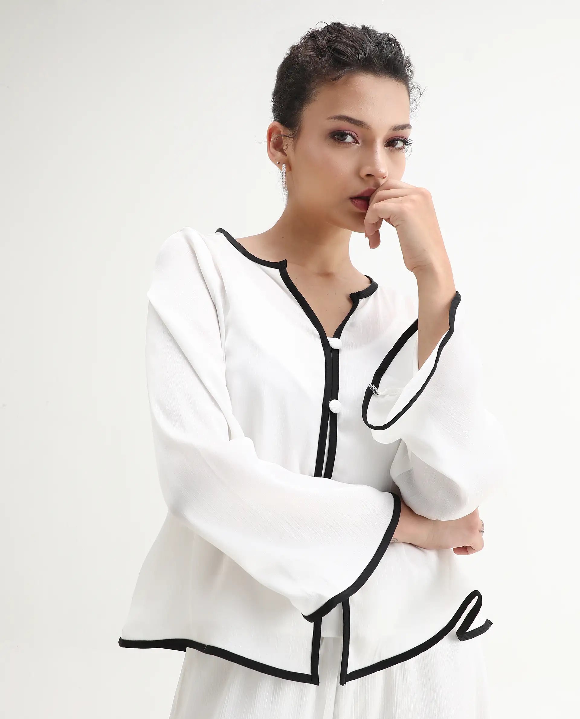 Rareism Women's Janula T White Polyester Round Neck Plain Bell Sleeve Regular Fit Top