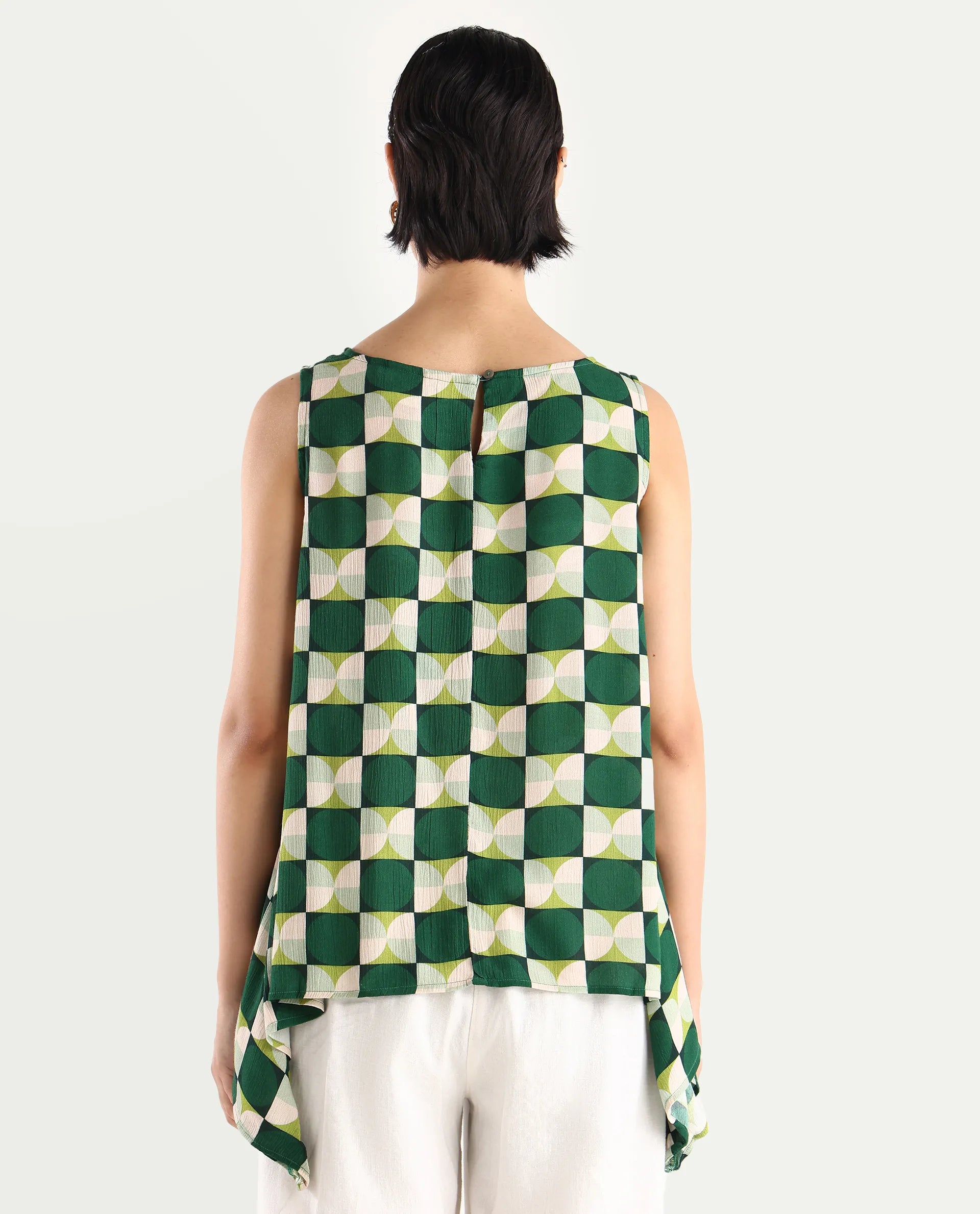 Rareism Women's Janus Dark Multi Rayon Crew Neck Geometric Print Sleeveless Regular Fit Top