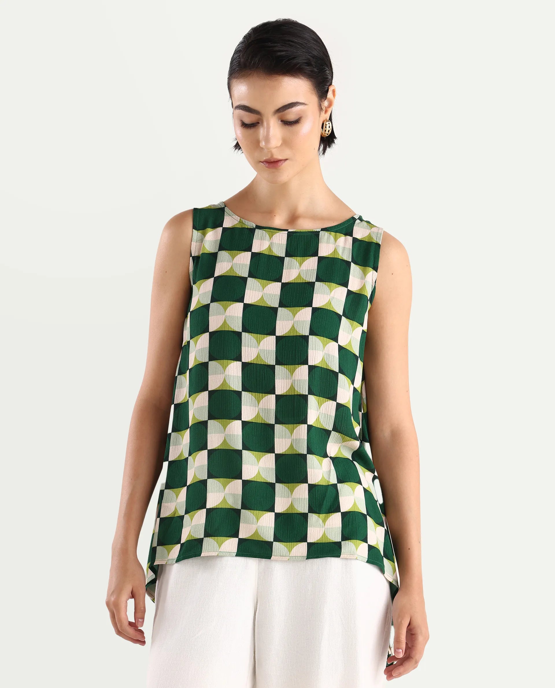 Rareism Women's Janus Dark Multi Rayon Crew Neck Geometric Print Sleeveless Regular Fit Top