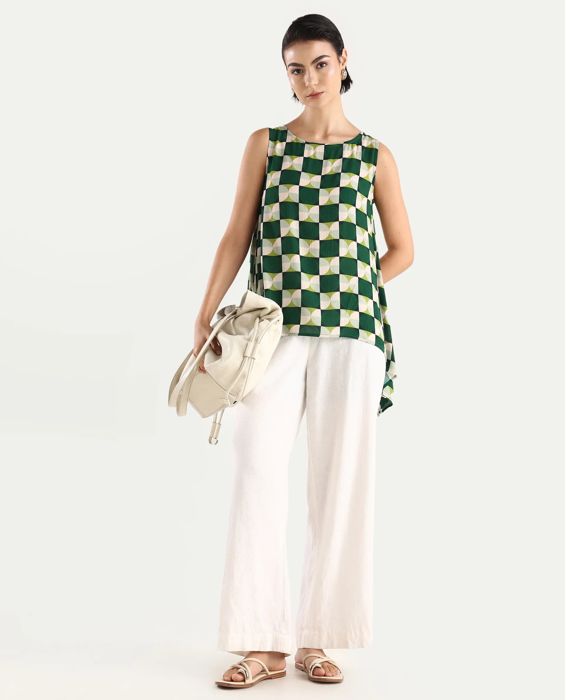 Rareism Women's Janus Dark Multi Rayon Crew Neck Geometric Print Sleeveless Regular Fit Top