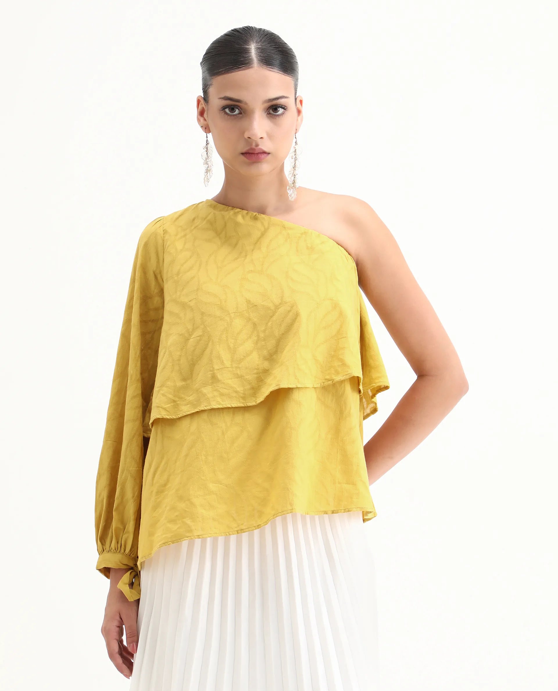 Rareism Women's Janvipi Mustard Cotton One Shoulder Plain Relaxed Fit Top