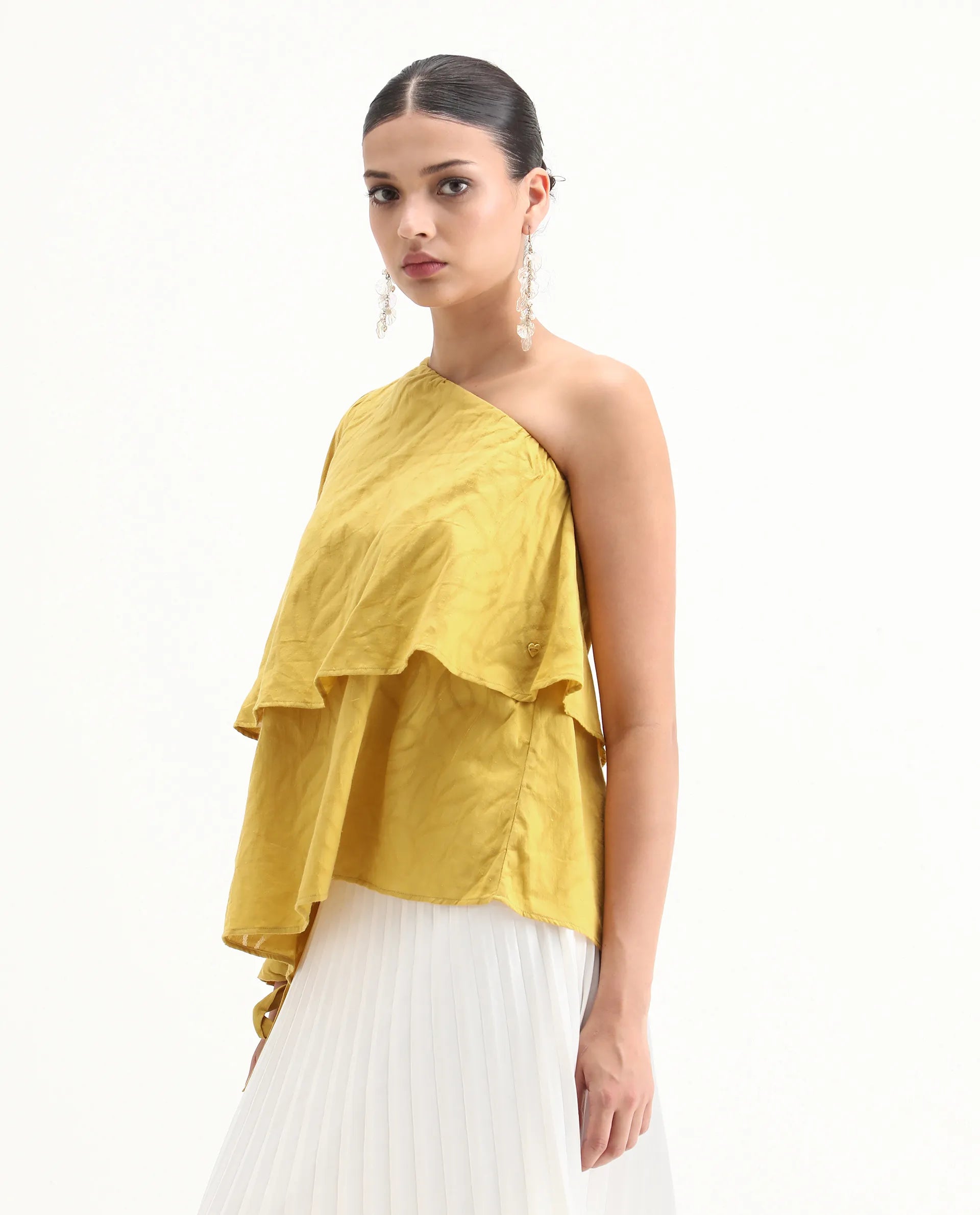 Rareism Women's Janvipi Mustard Cotton One Shoulder Plain Relaxed Fit Top