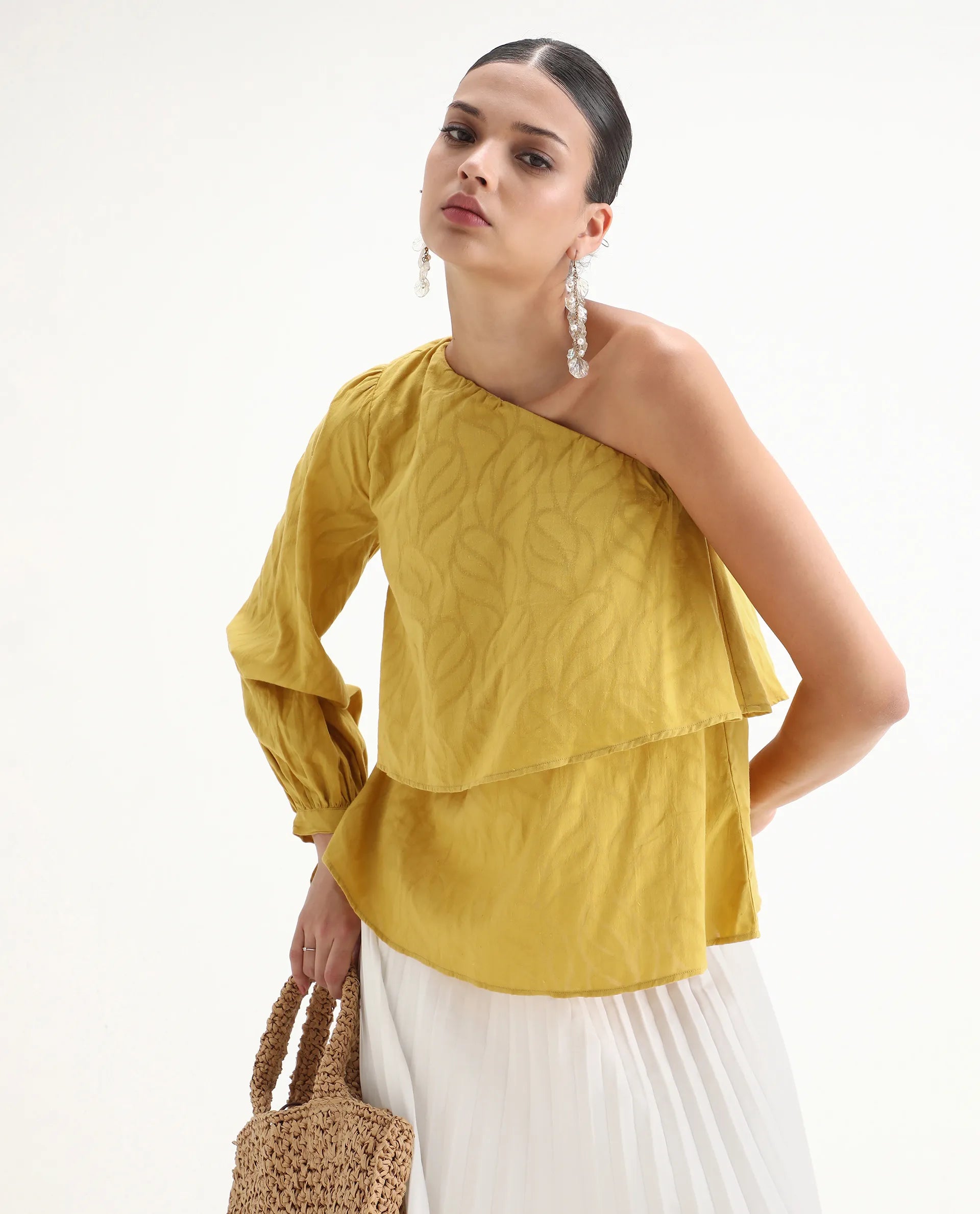 Rareism Women's Janvipi Mustard Cotton One Shoulder Plain Relaxed Fit Top