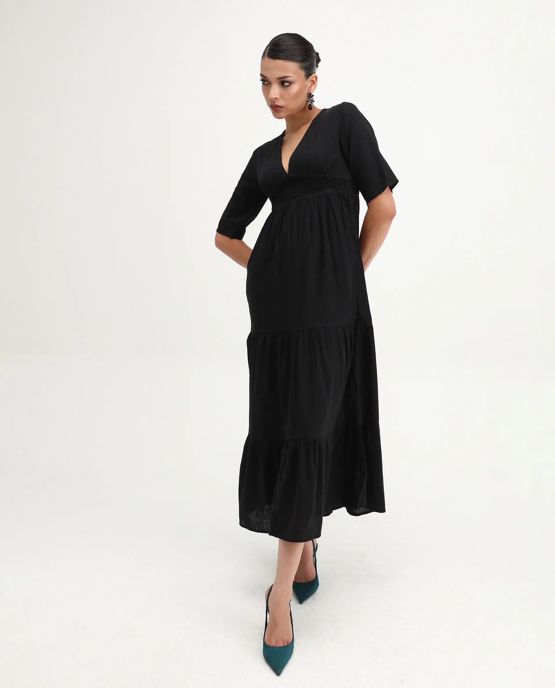 Rareism Women's Janyaka Black Linen V-Neck Plain Maxi Fit And Flare Dress