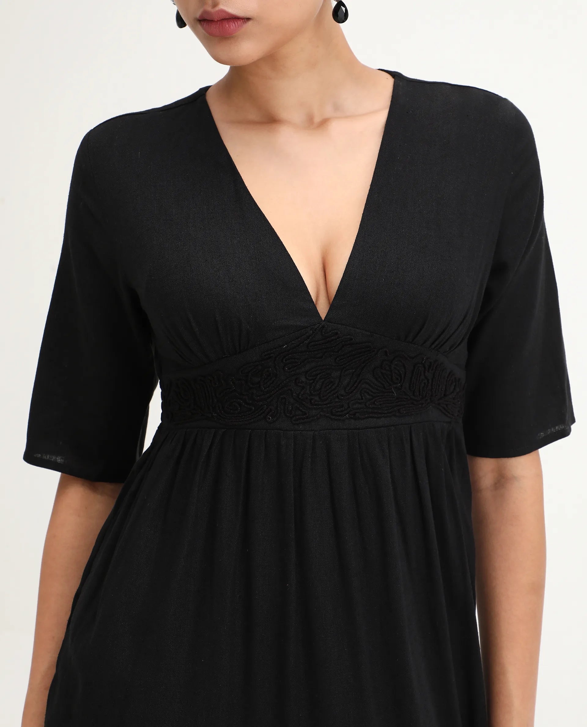 Rareism Women's Janyaka Black Linen V-Neck Plain Maxi Fit And Flare Dress