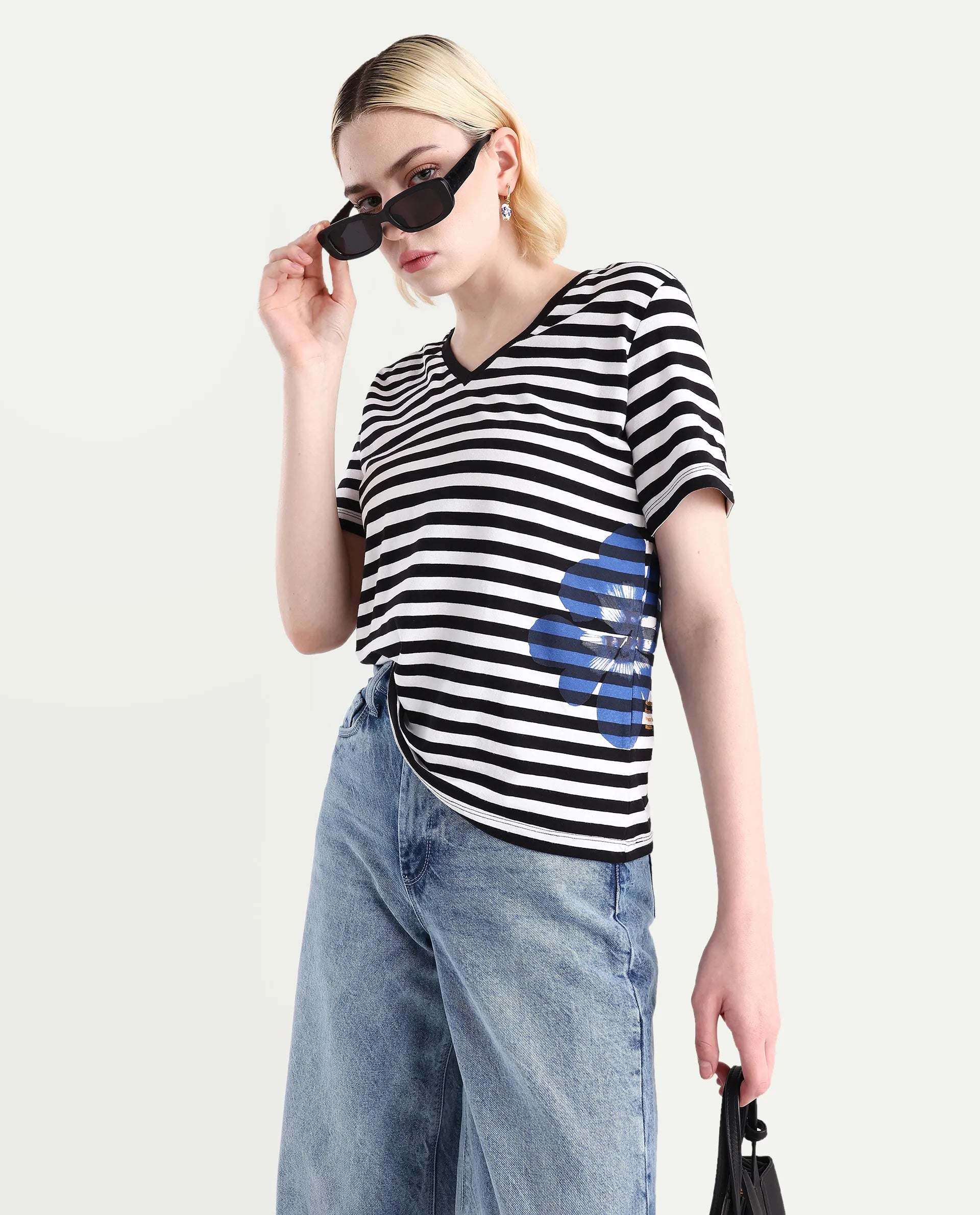 Rareism Women's Janyan Off White Cotton Blend V-Neck Striped Regular Fit T-Shirt