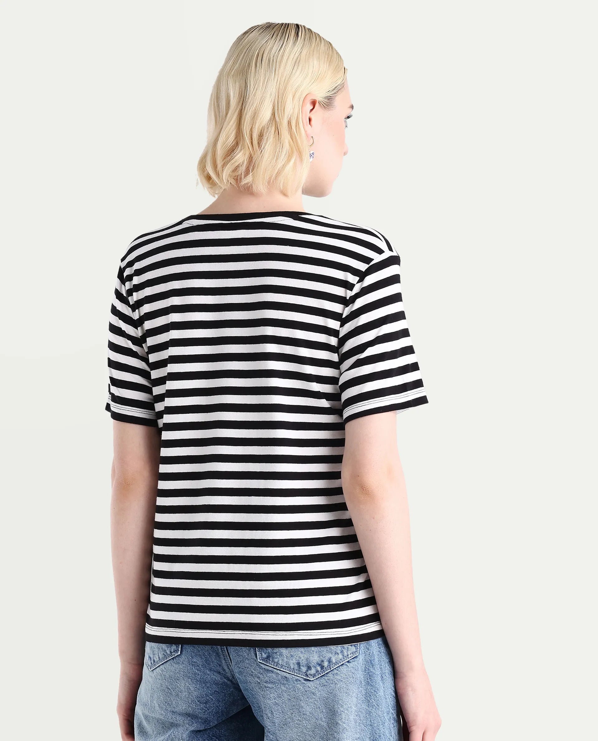 Rareism Women's Janyan Off White Cotton Blend V-Neck Striped Regular Fit T-Shirt