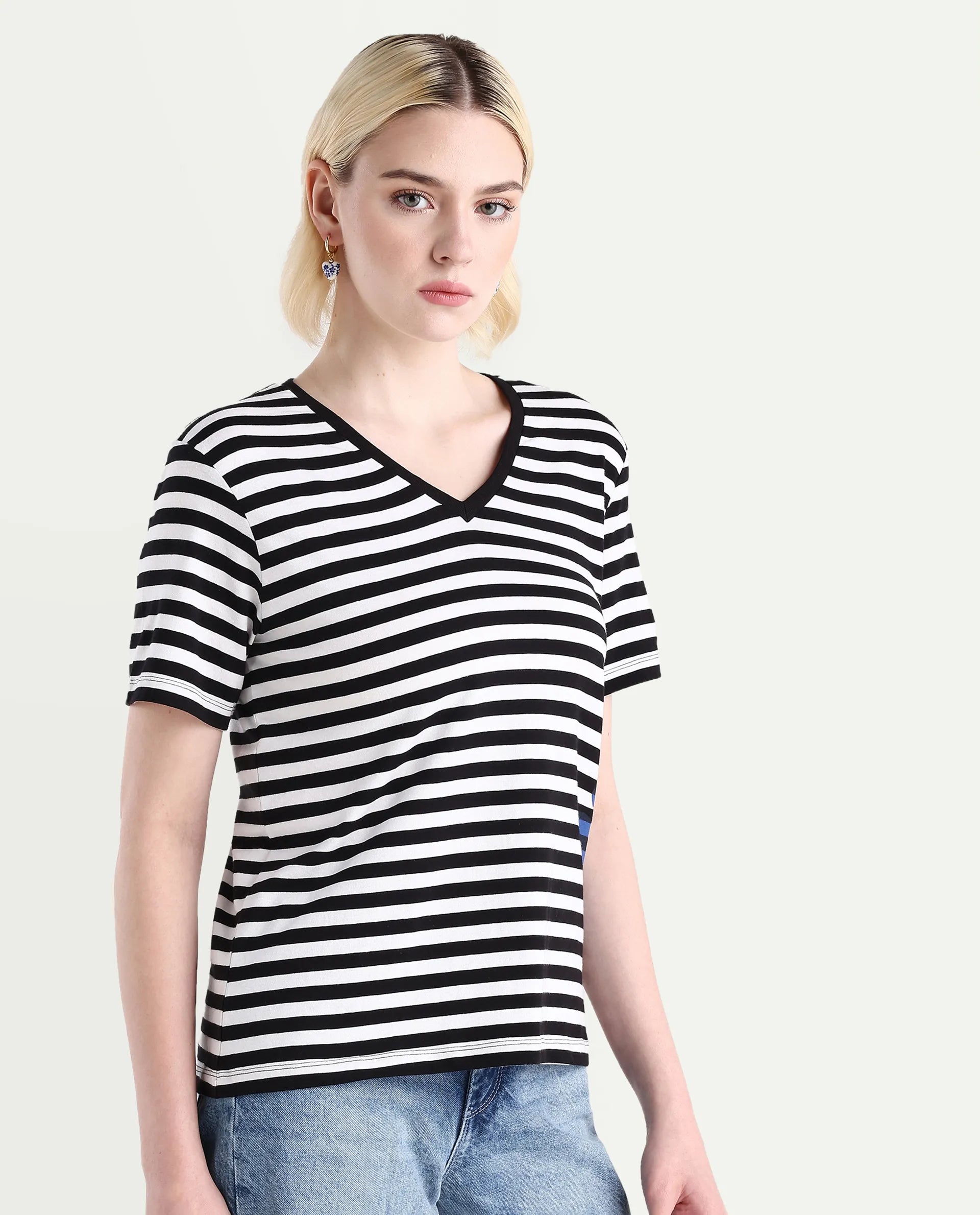 Rareism Women's Janyan Off White Cotton Blend V-Neck Striped Regular Fit T-Shirt