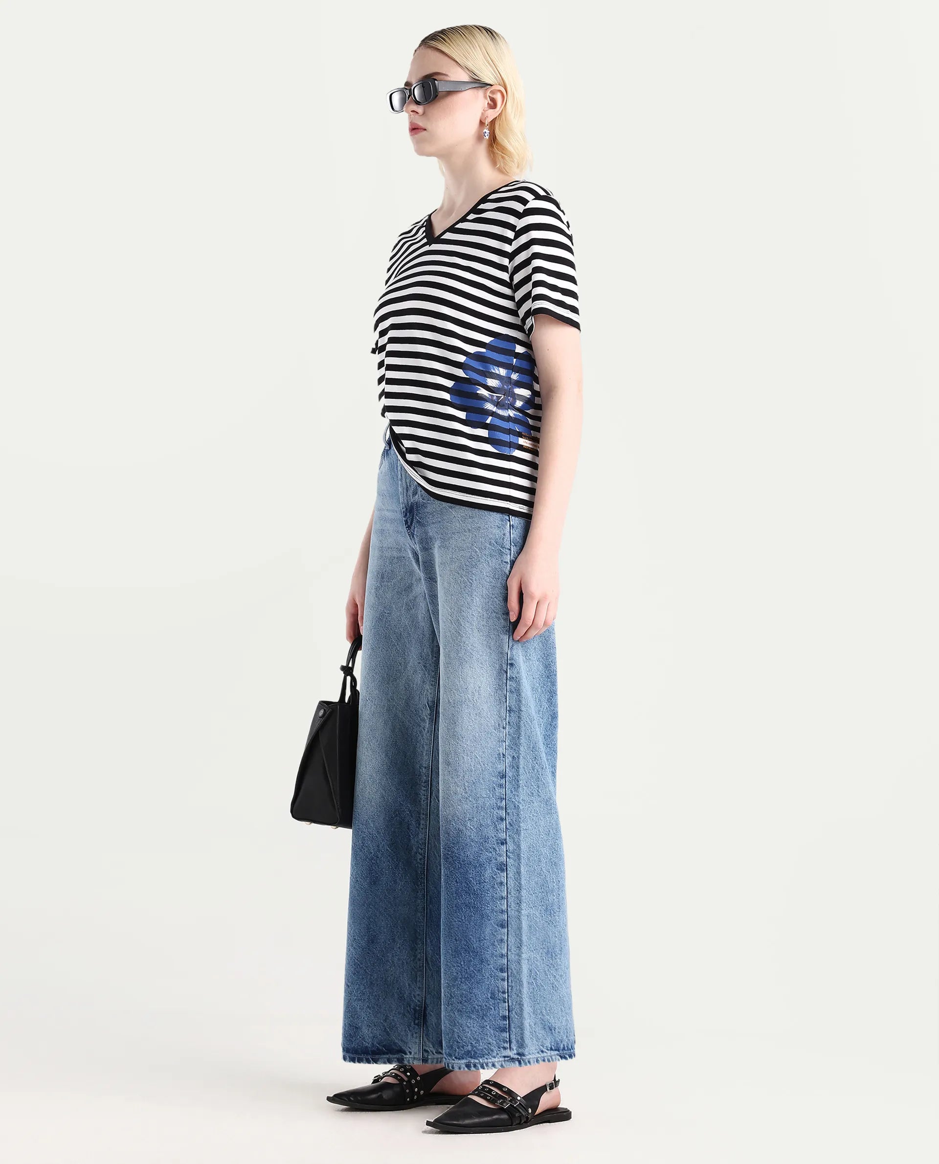 Rareism Women's Janyan Off White Cotton Blend V-Neck Striped Regular Fit T-Shirt