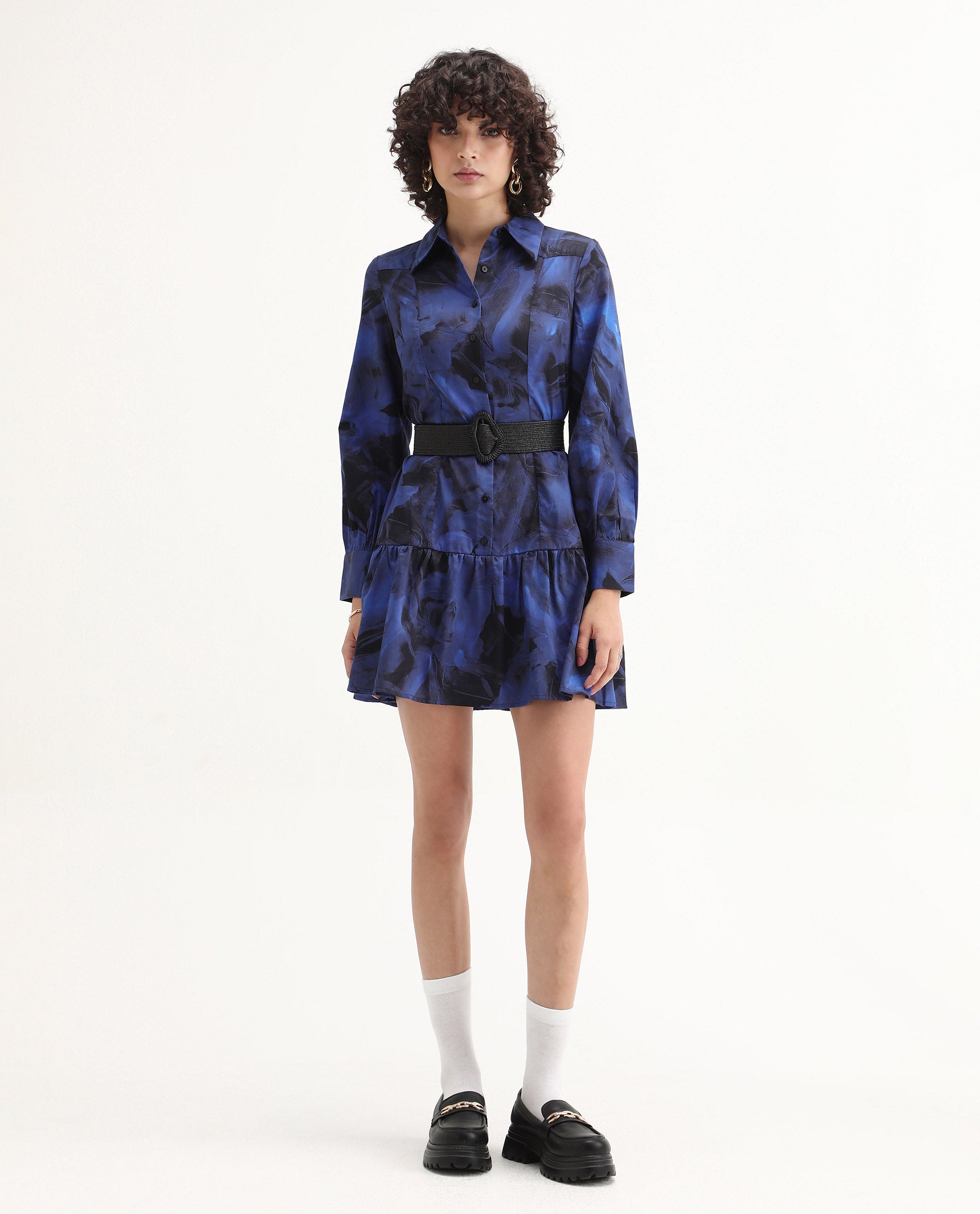 Rareism Women's Janyulu Dark Blue Cotton Spread Collar Floral Print Cuffed Sleeve Mini Fit And Flare Dress