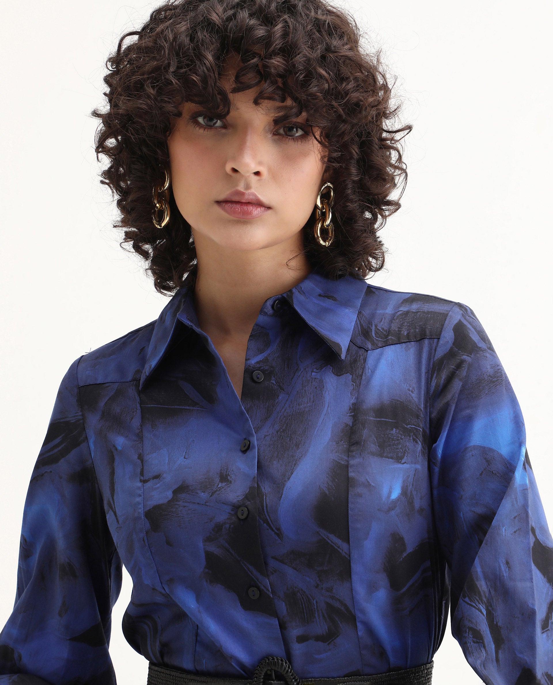 Rareism Women's Janyulu Dark Blue Cotton Spread Collar Floral Print Cuffed Sleeve Mini Fit And Flare Dress