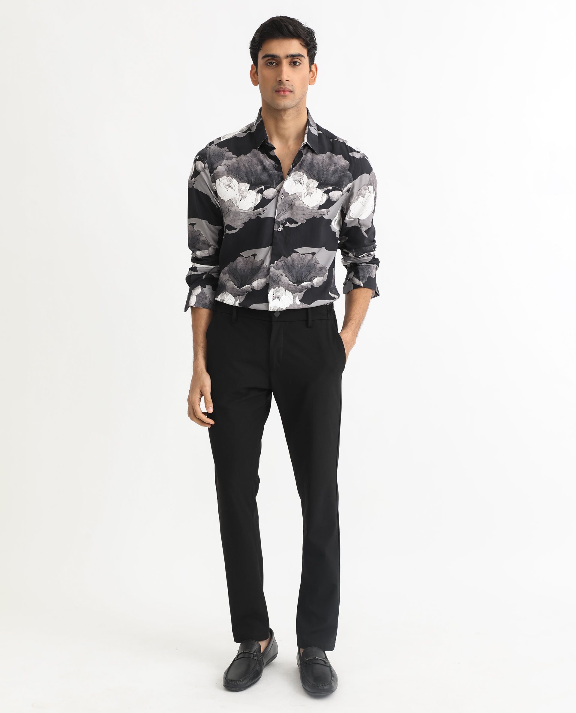 Rare Rabbit Men's Japo Grey Viscose Fabric Full Sleeves Floral Print Shirt