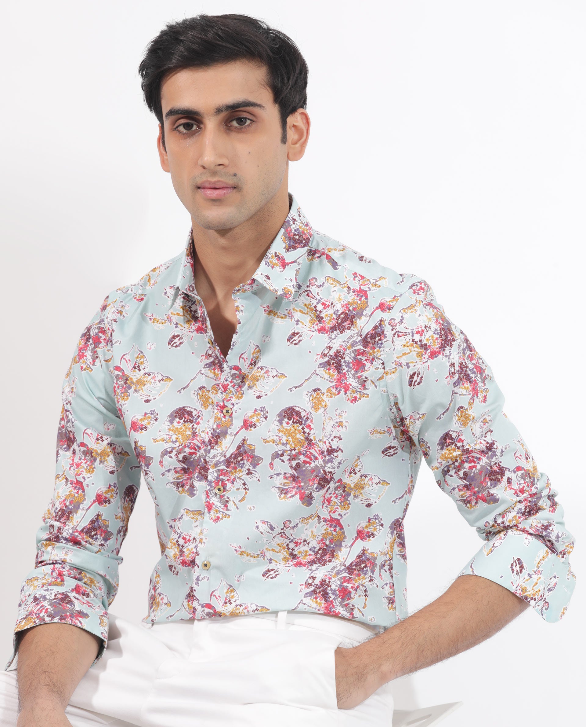 Rare Rabbit Jaqenn Primary Turq Cotton Fabric Full Sleeves Floral Print Shirt