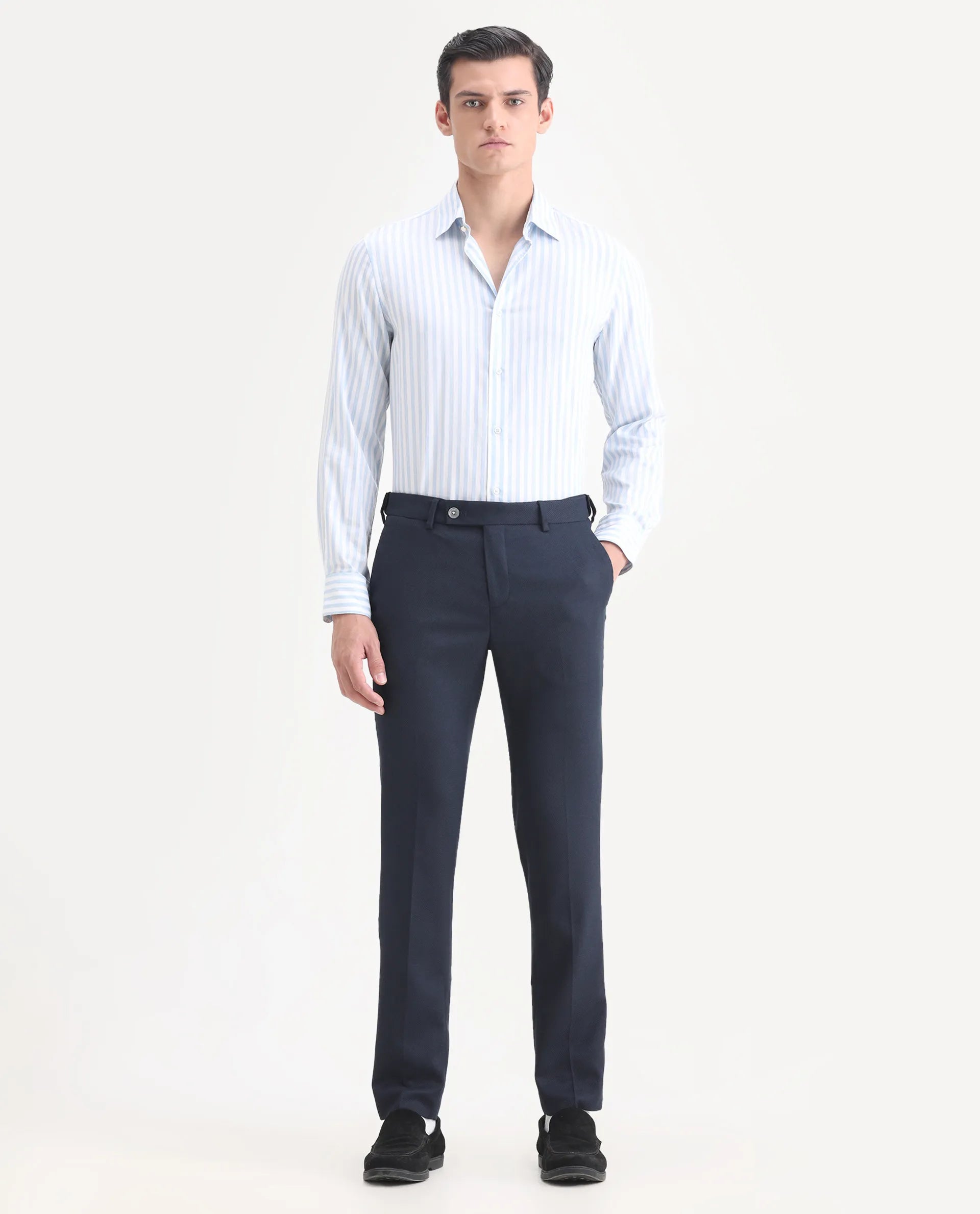 Rare Rabbit Men's Jardin Dark Navy Polyester Plain Tailored Fit Full Sleeve Lapel Neck Suits