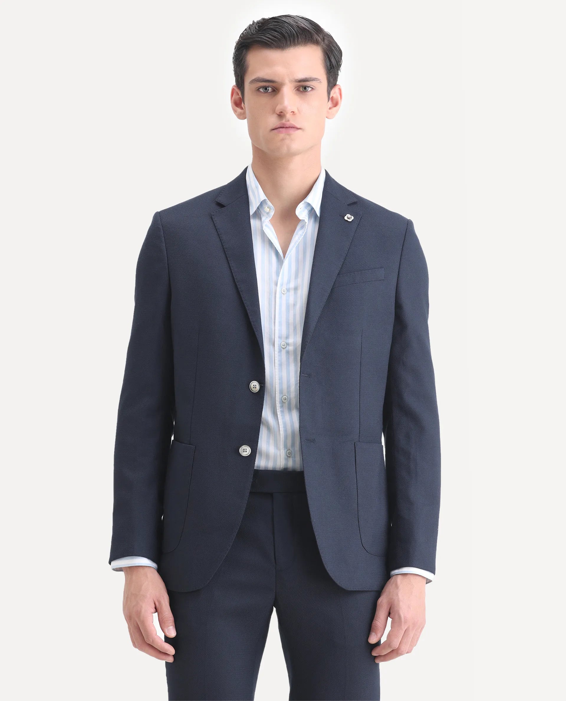 Rare Rabbit Men's Jardin Dark Navy Polyester Plain Tailored Fit Full Sleeve Lapel Neck Suits