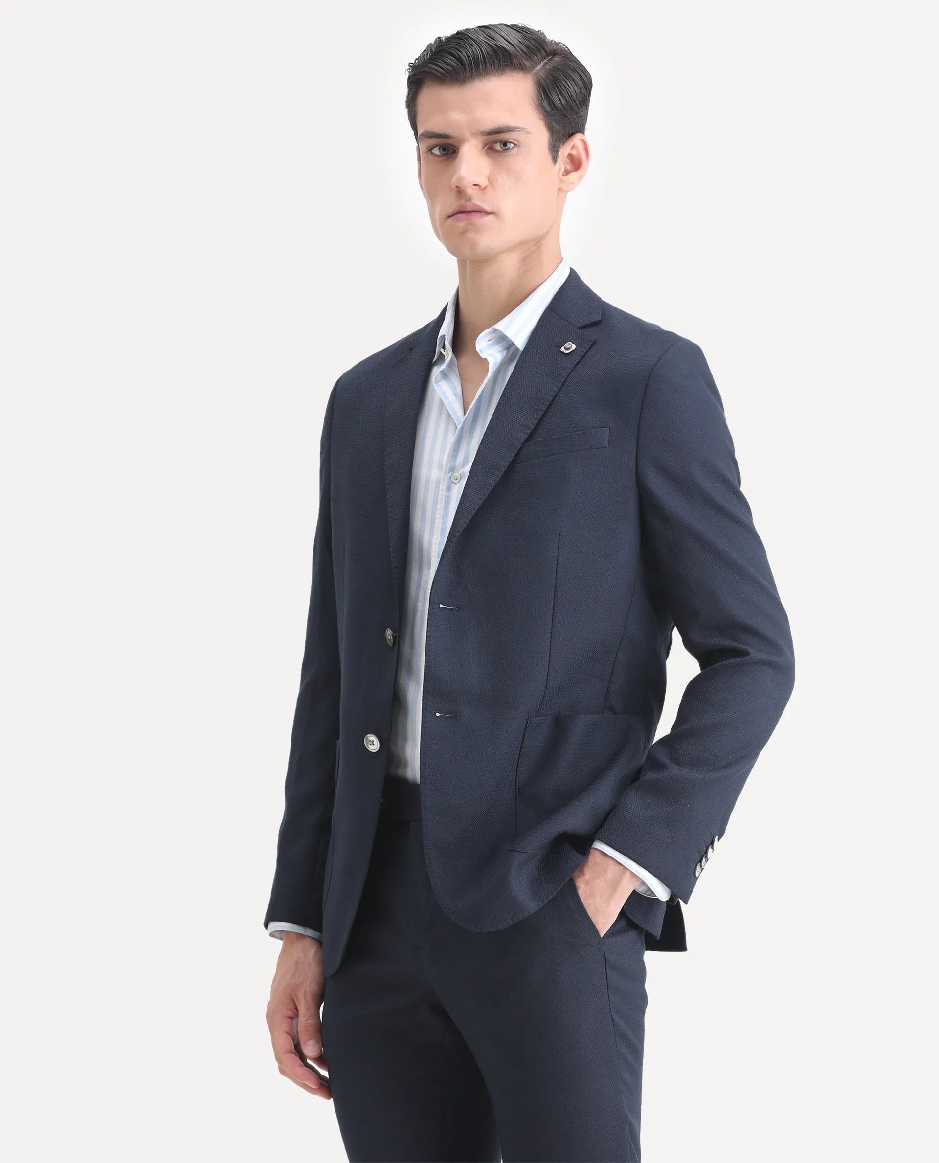 Rare Rabbit Men's Jardin Dark Navy Polyester Plain Tailored Fit Full Sleeve Lapel Neck Suits