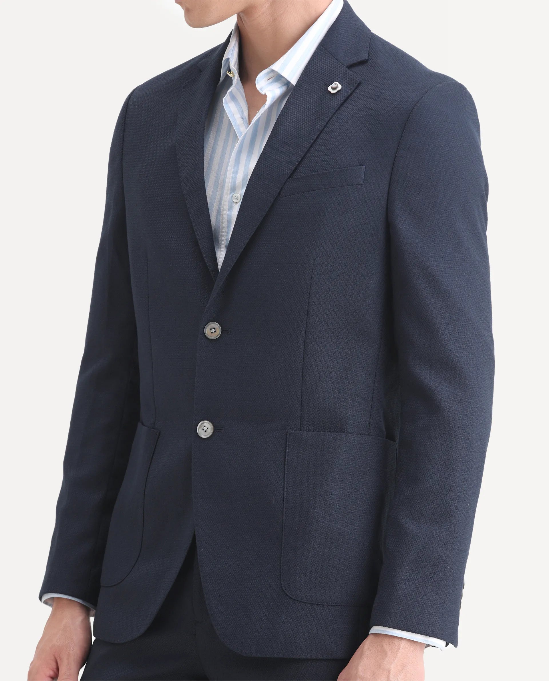 Rare Rabbit Men's Jardin Dark Navy Polyester Plain Tailored Fit Full Sleeve Lapel Neck Suits