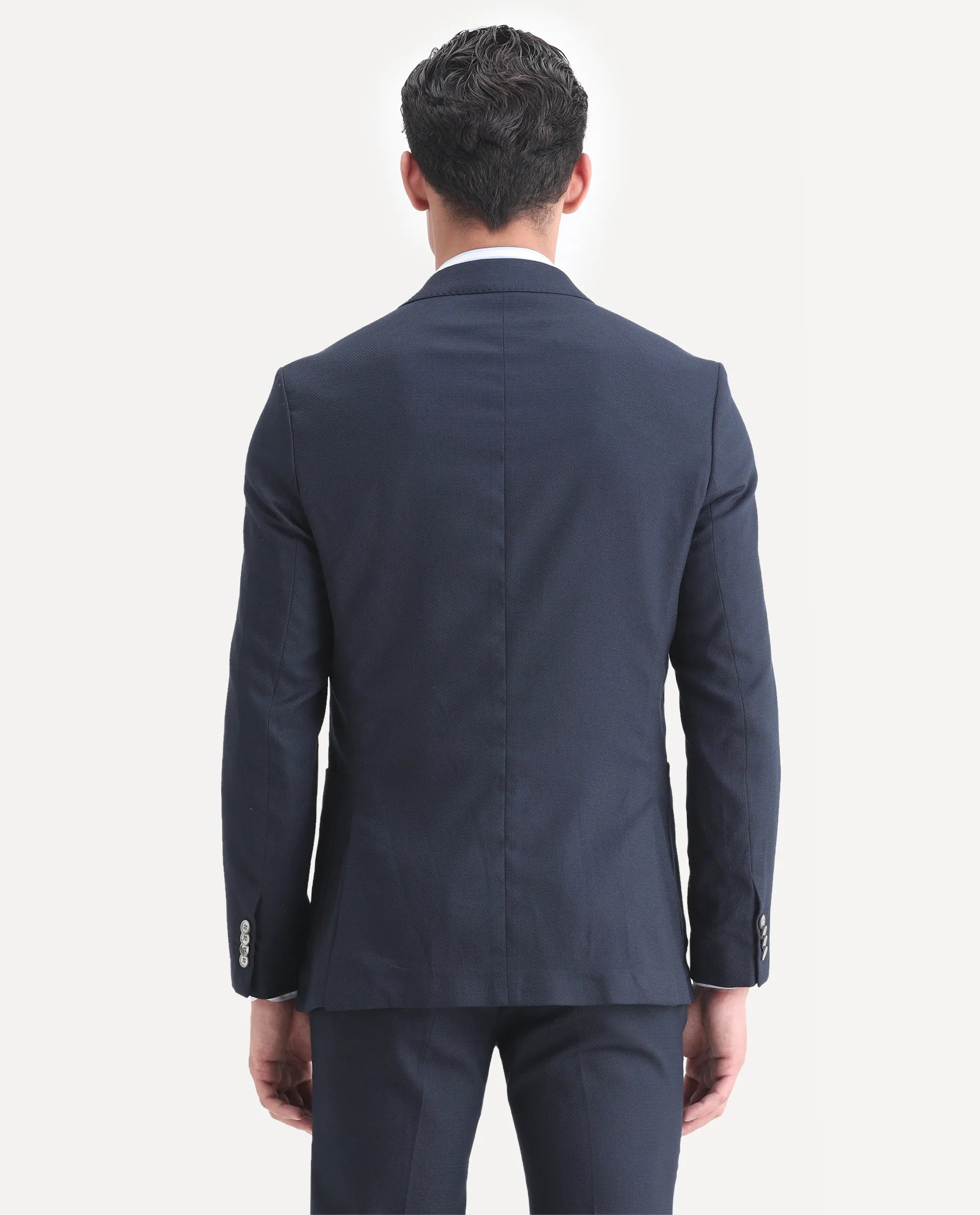 Rare Rabbit Men's Jardin Dark Navy Polyester Plain Tailored Fit Full Sleeve Lapel Neck Suits
