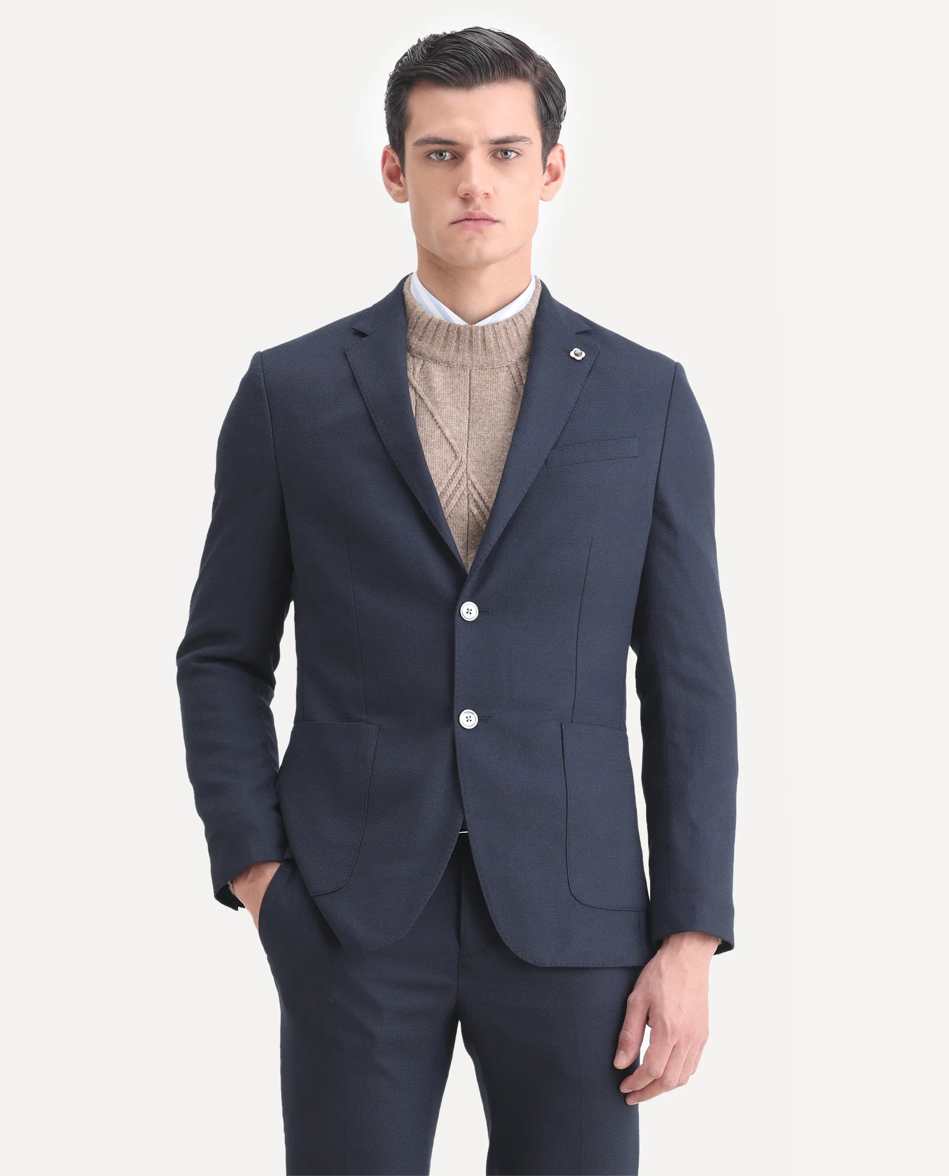 Rare Rabbit Men's Jardin Dark Navy Polyester Plain Tailored Fit Full Sleeve Lapel Neck Suits