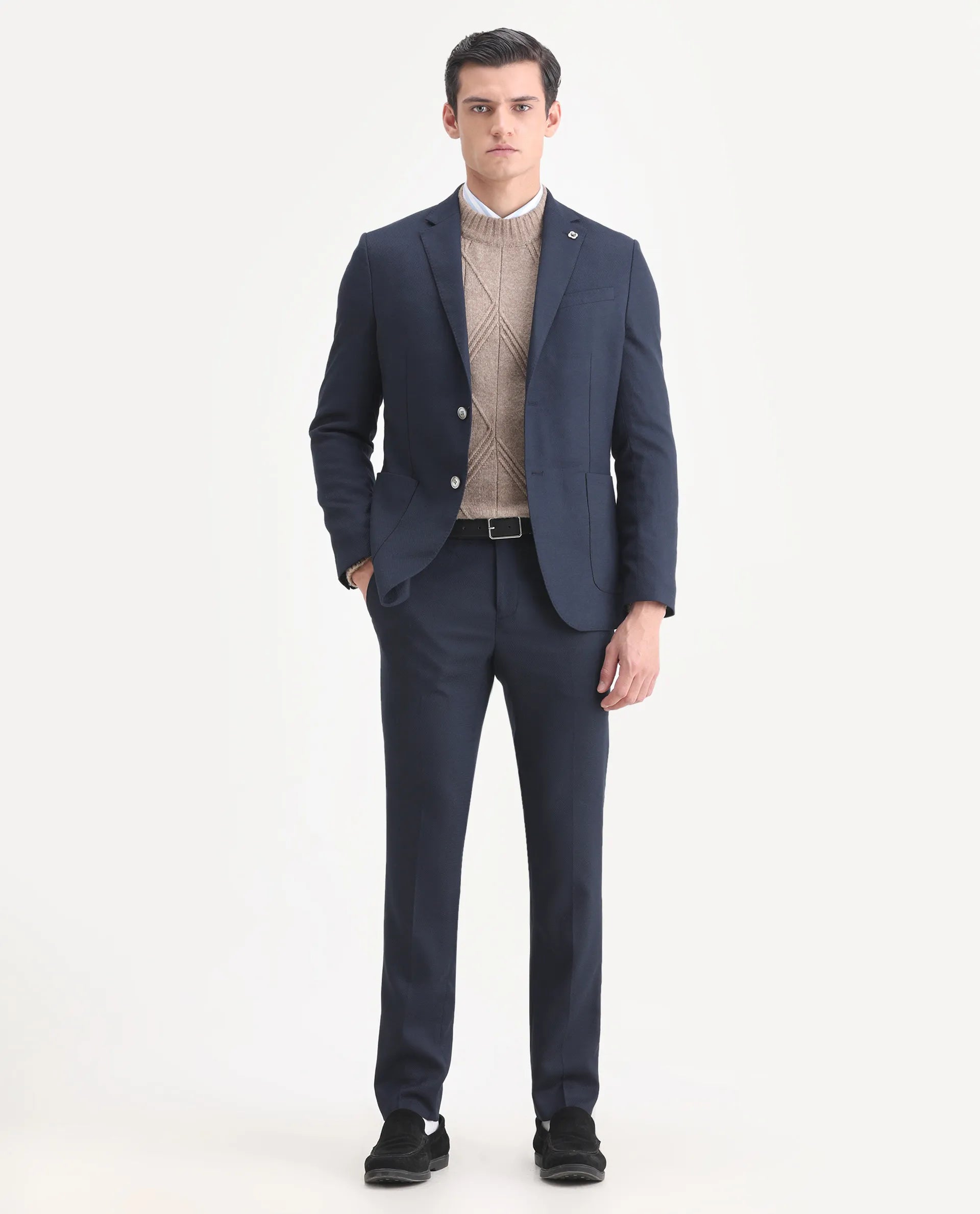 Rare Rabbit Men's Jardin Dark Navy Polyester Plain Tailored Fit Full Sleeve Lapel Neck Suits