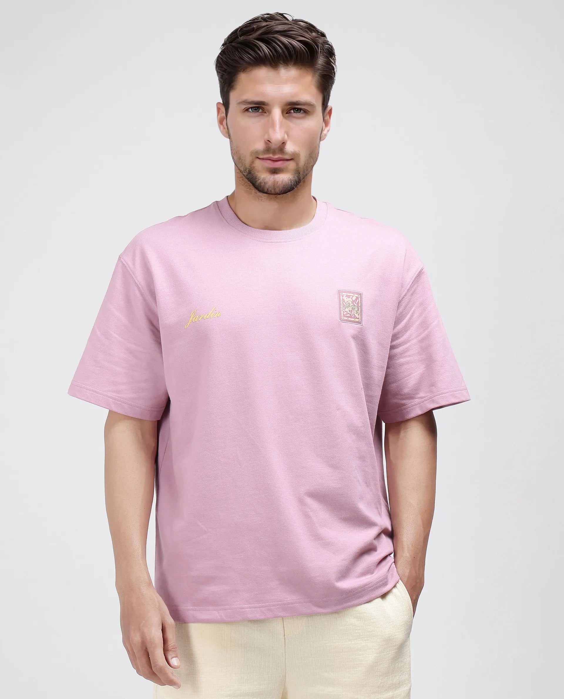 Rare Rabbit Men Jardi Pink Cotton Fabric Short Sleeve Slip-On Oversized Fit Printed T-Shirt