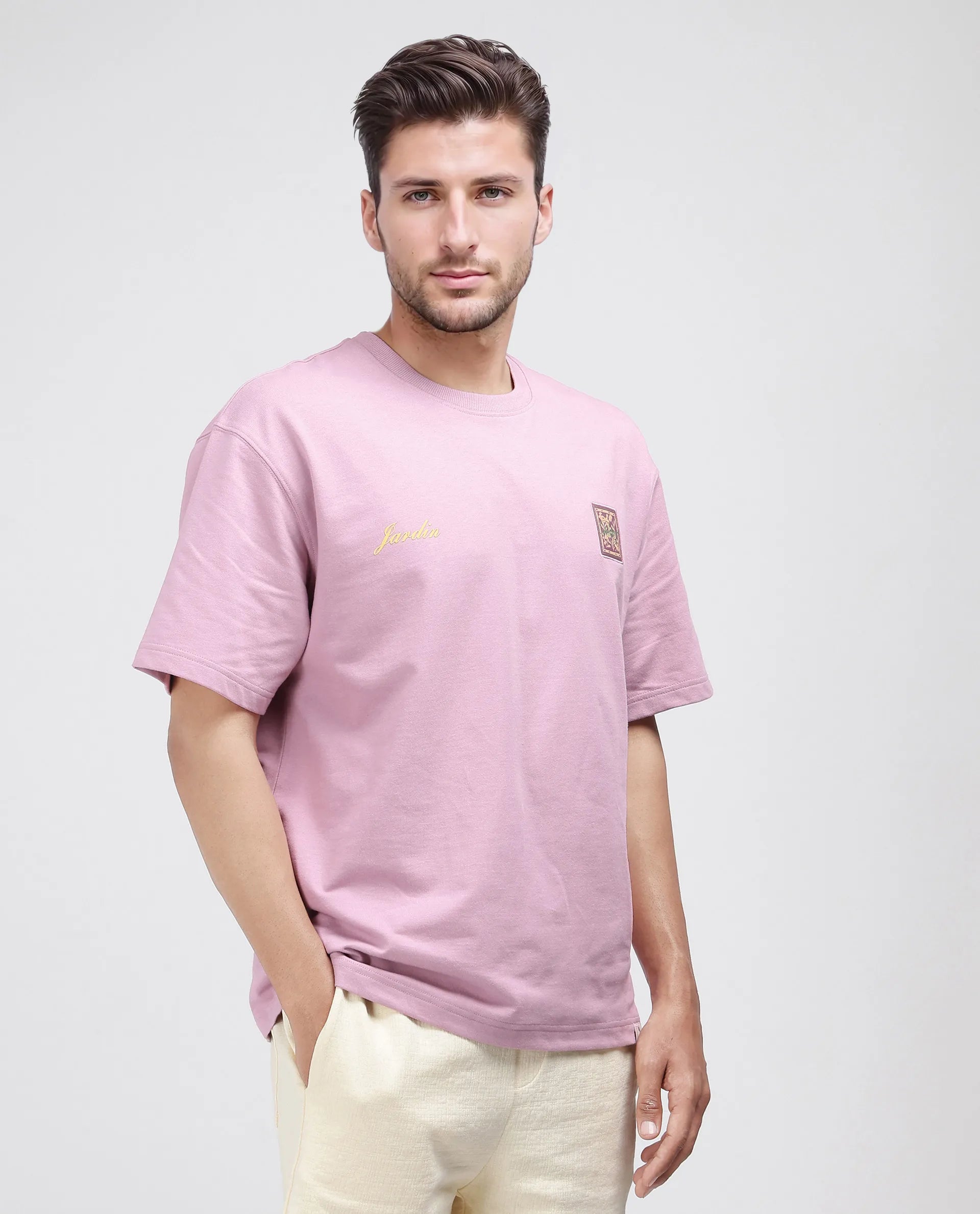 Rare Rabbit Men Jardi Pink Cotton Fabric Short Sleeve Slip-On Oversized Fit Printed T-Shirt