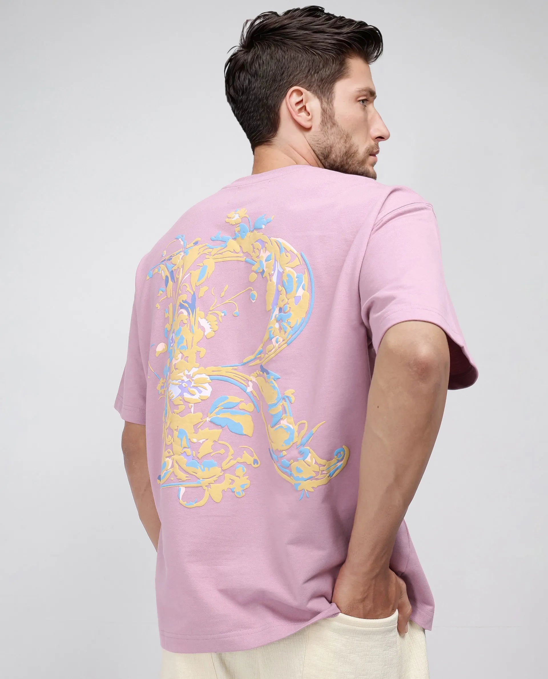 Rare Rabbit Men Jardi Pink Cotton Fabric Short Sleeve Slip-On Oversized Fit Printed T-Shirt