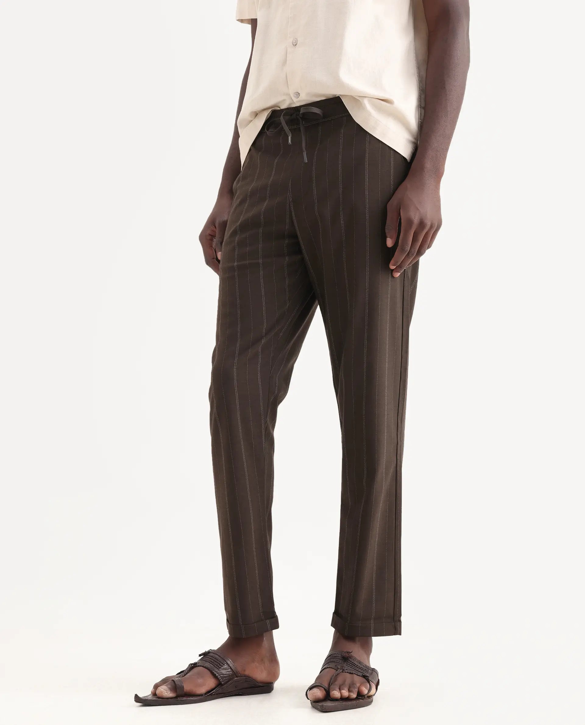 Rare Rabbit Men's Jaret Brown Cotton Striped Print Relaxed Fit Trouser