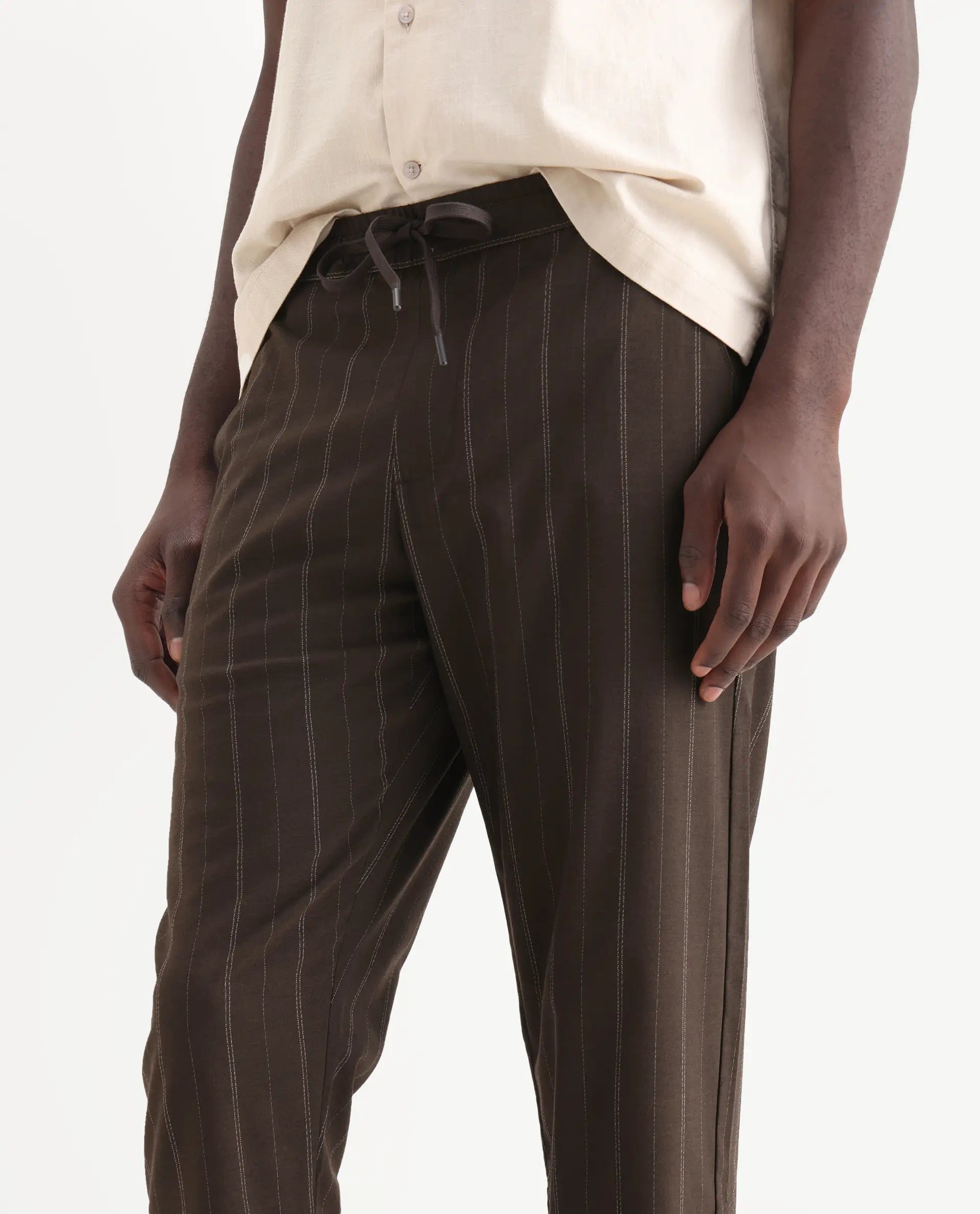 Rare Rabbit Men's Jaret Brown Cotton Striped Print Relaxed Fit Trouser