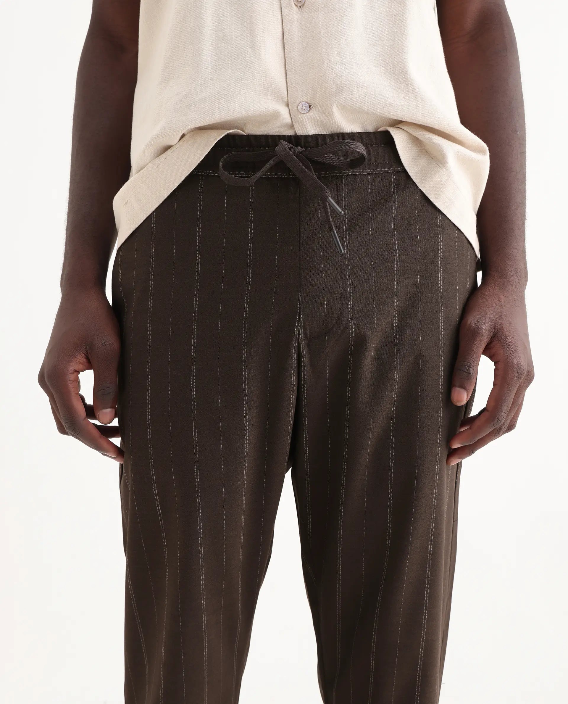 Rare Rabbit Men's Jaret Brown Cotton Striped Print Relaxed Fit Trouser