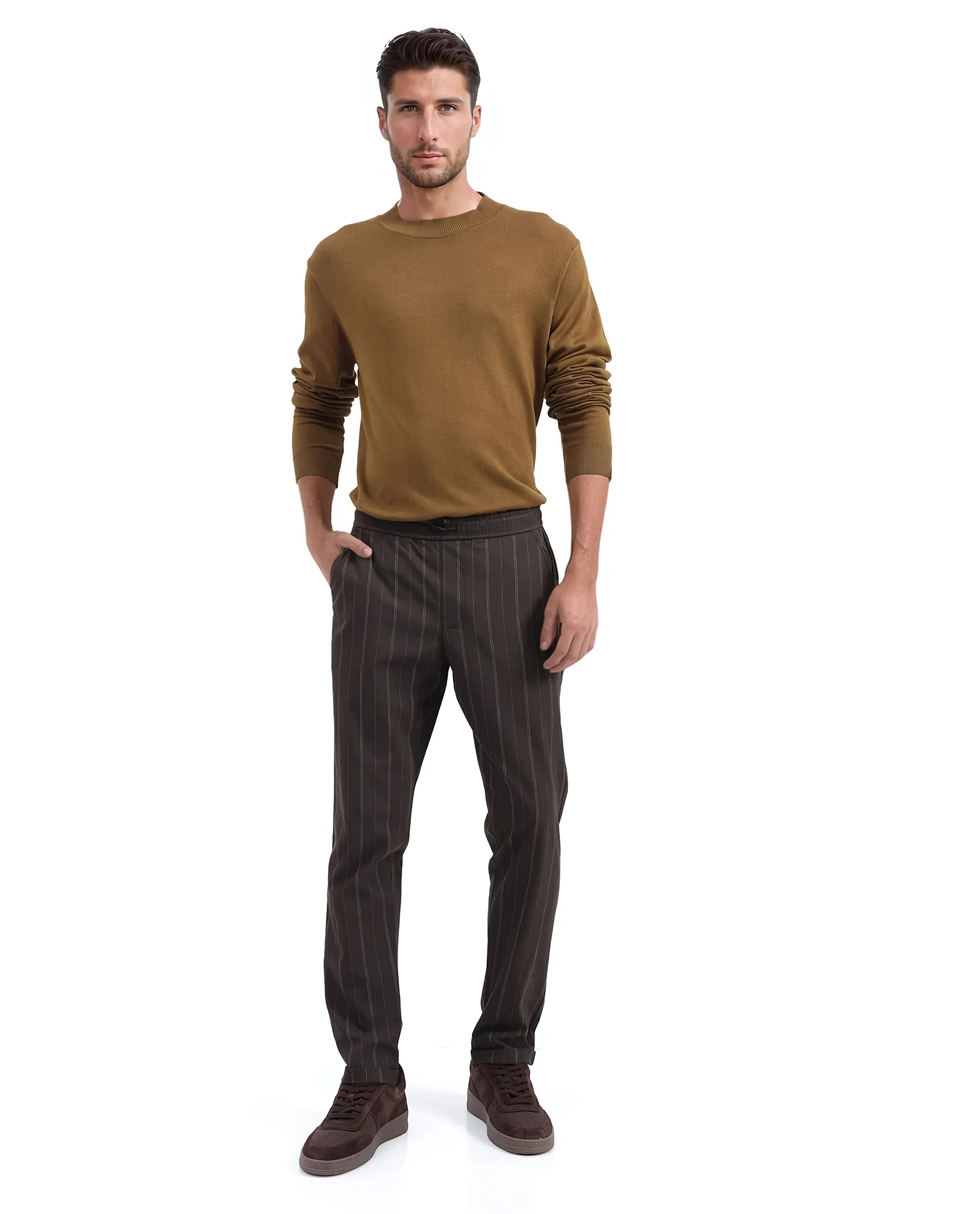 Rare Rabbit Men Jars Brown Polyester Viscose Fabric Full Sleeve Mandarin Collar Striped Jacket