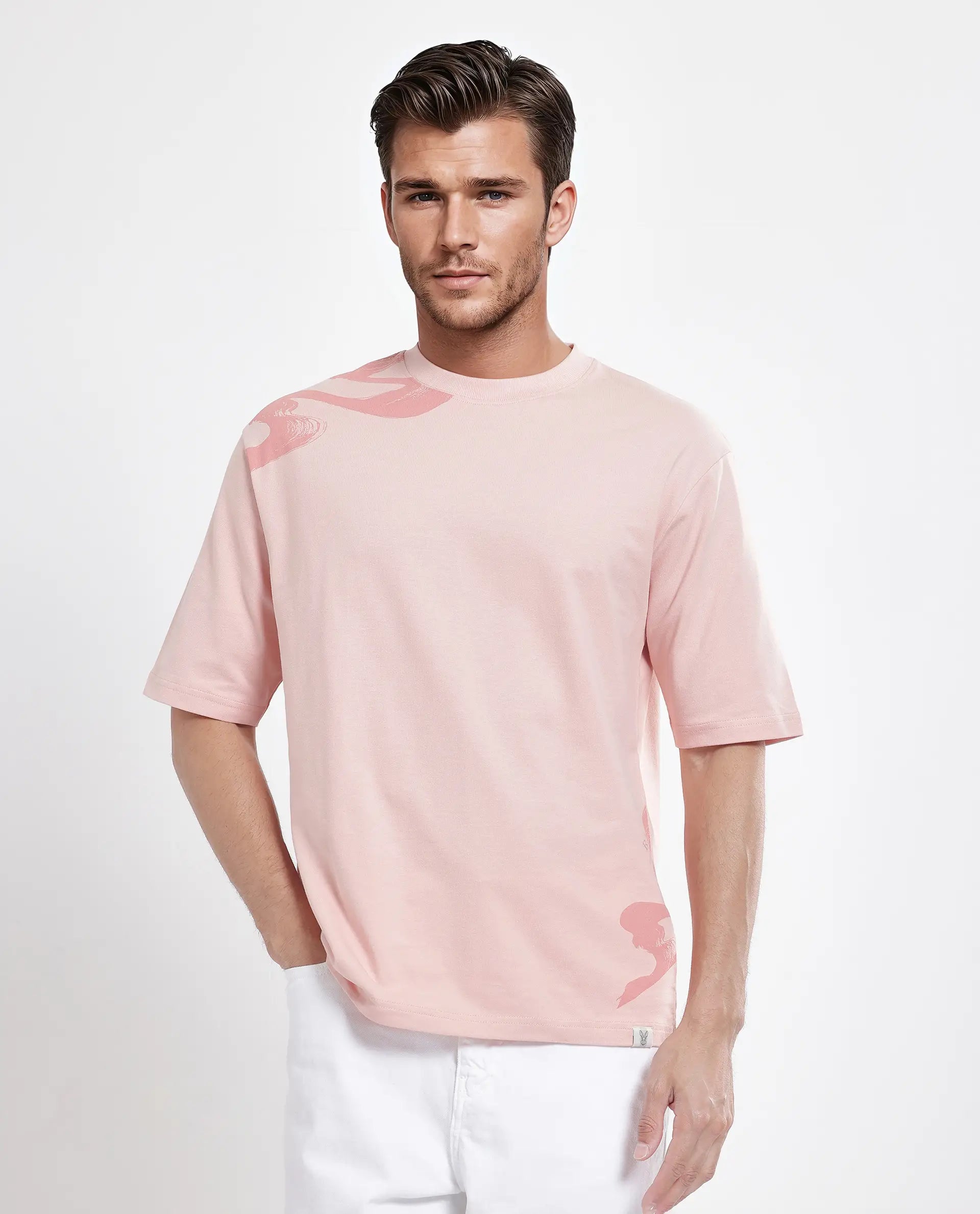 Rare Rabbit Men Jarn Light Orange Cotton Fabric Short Sleeve Crew Neck Qlo Fit Graphic Print T-Shirt