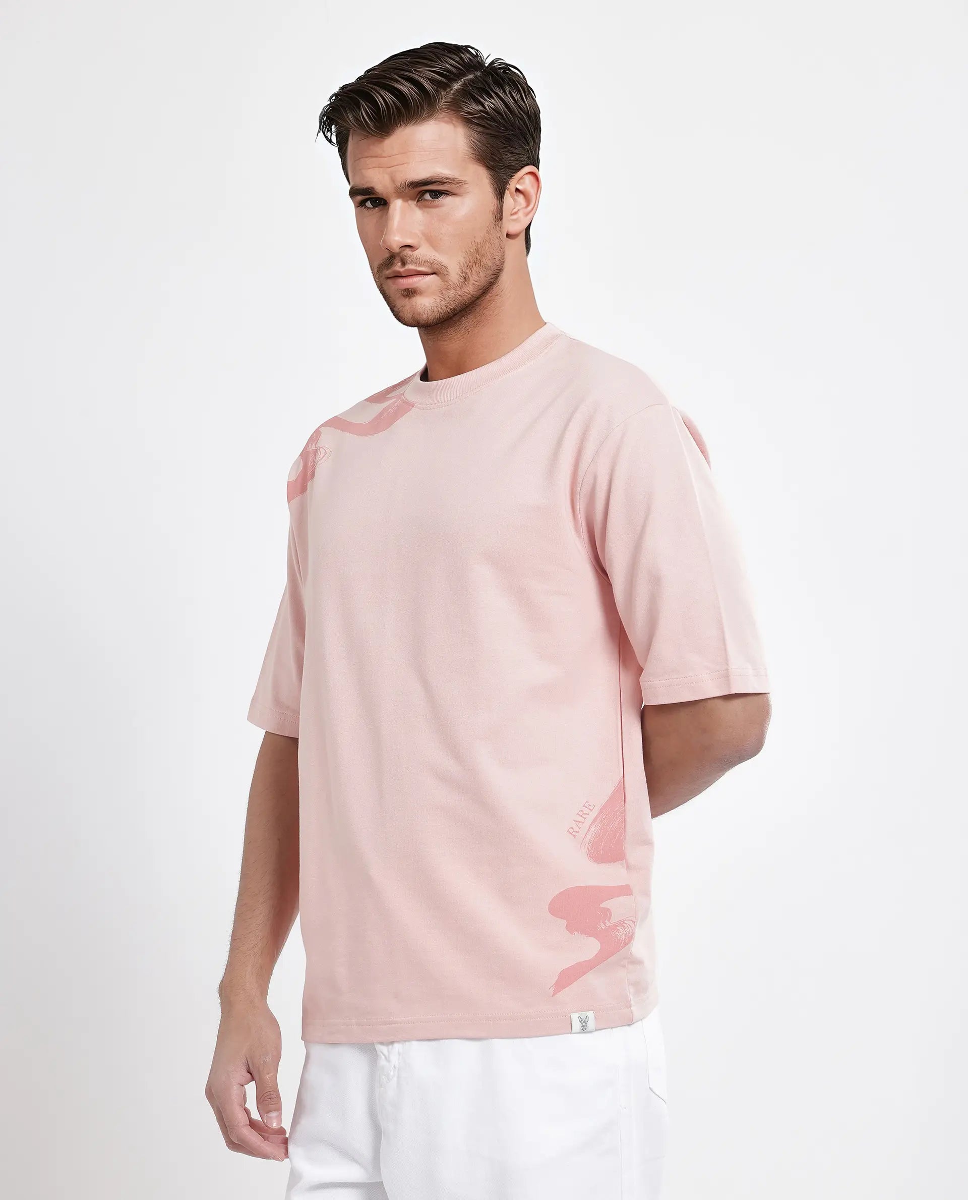 Rare Rabbit Men Jarn Light Orange Cotton Fabric Short Sleeve Crew Neck Qlo Fit Graphic Print T-Shirt