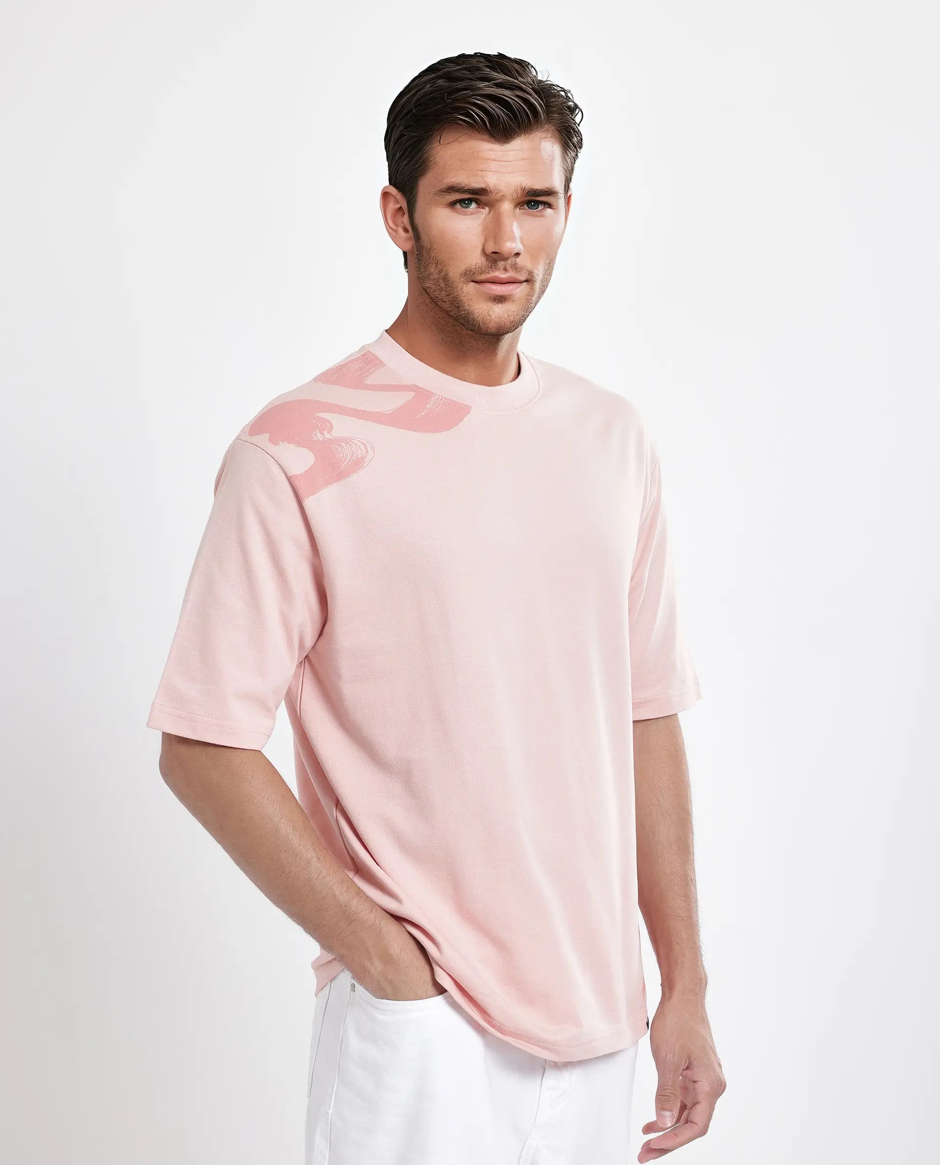 Rare Rabbit Men Jarn Light Orange Cotton Fabric Short Sleeve Crew Neck Qlo Fit Graphic Print T-Shirt