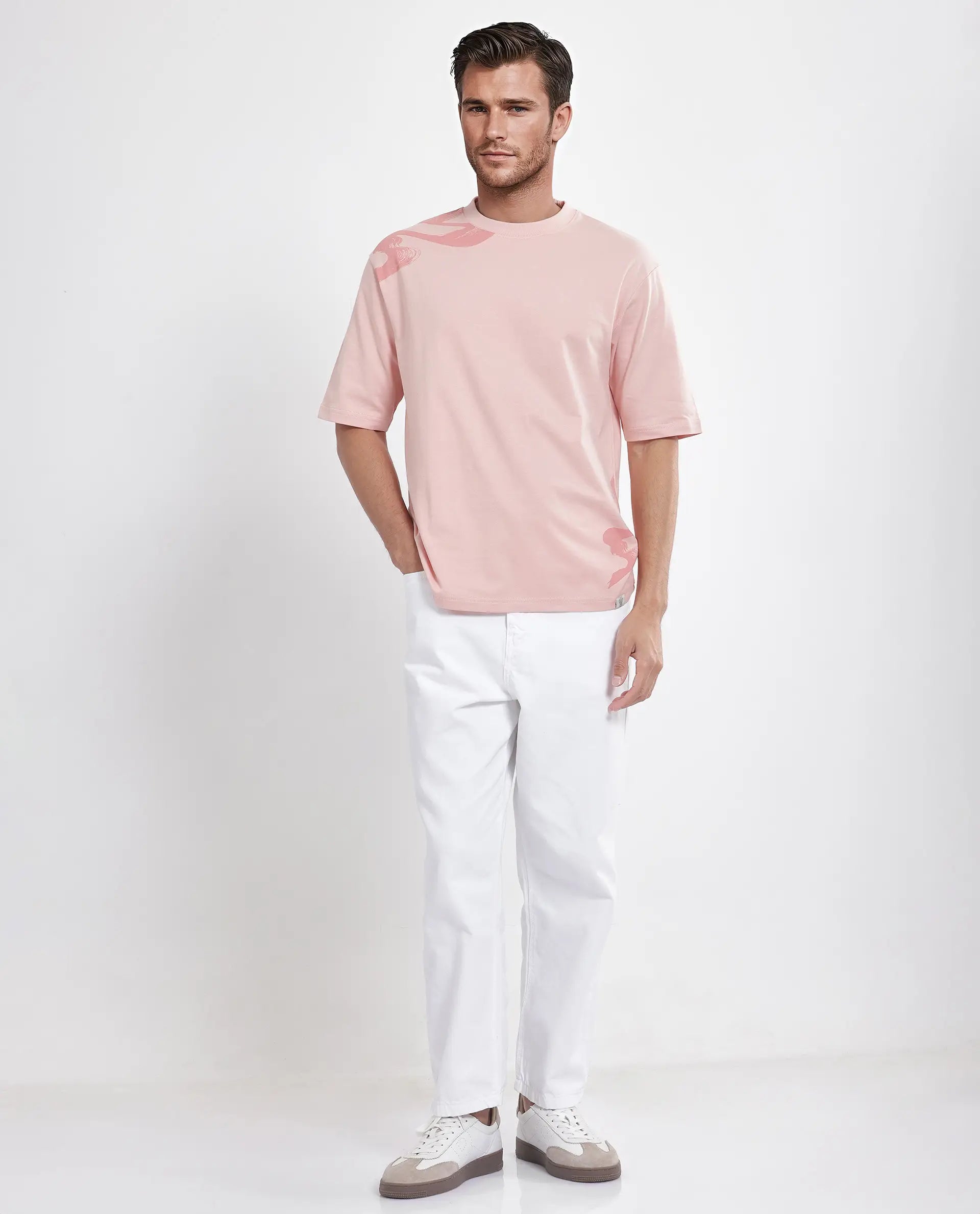 Rare Rabbit Men Jarn Light Orange Cotton Fabric Short Sleeve Crew Neck Qlo Fit Graphic Print T-Shirt