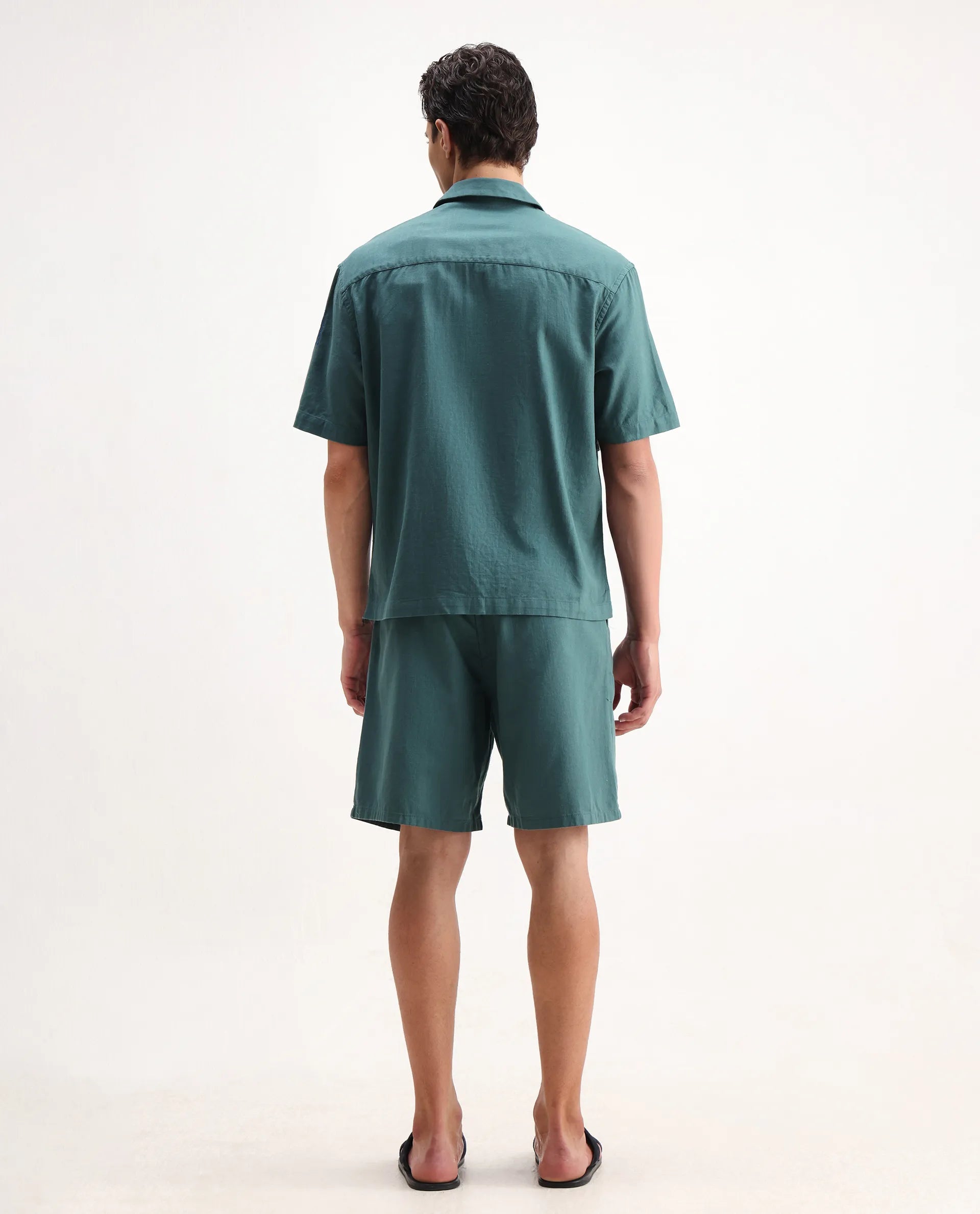 Rare Rabbit Men's Jarny-B Green Cotton Embroidered Regular Fit Shorts