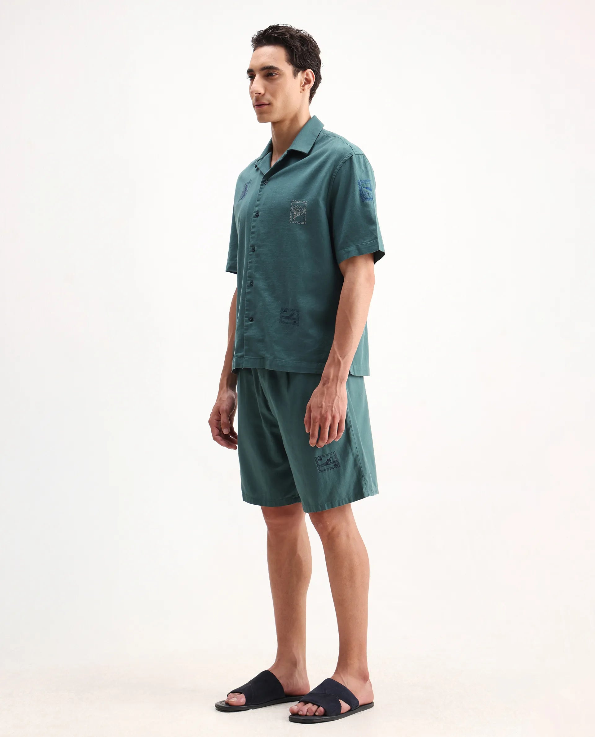 Rare Rabbit Men's Jarny-B Green Cotton Embroidered Regular Fit Shorts