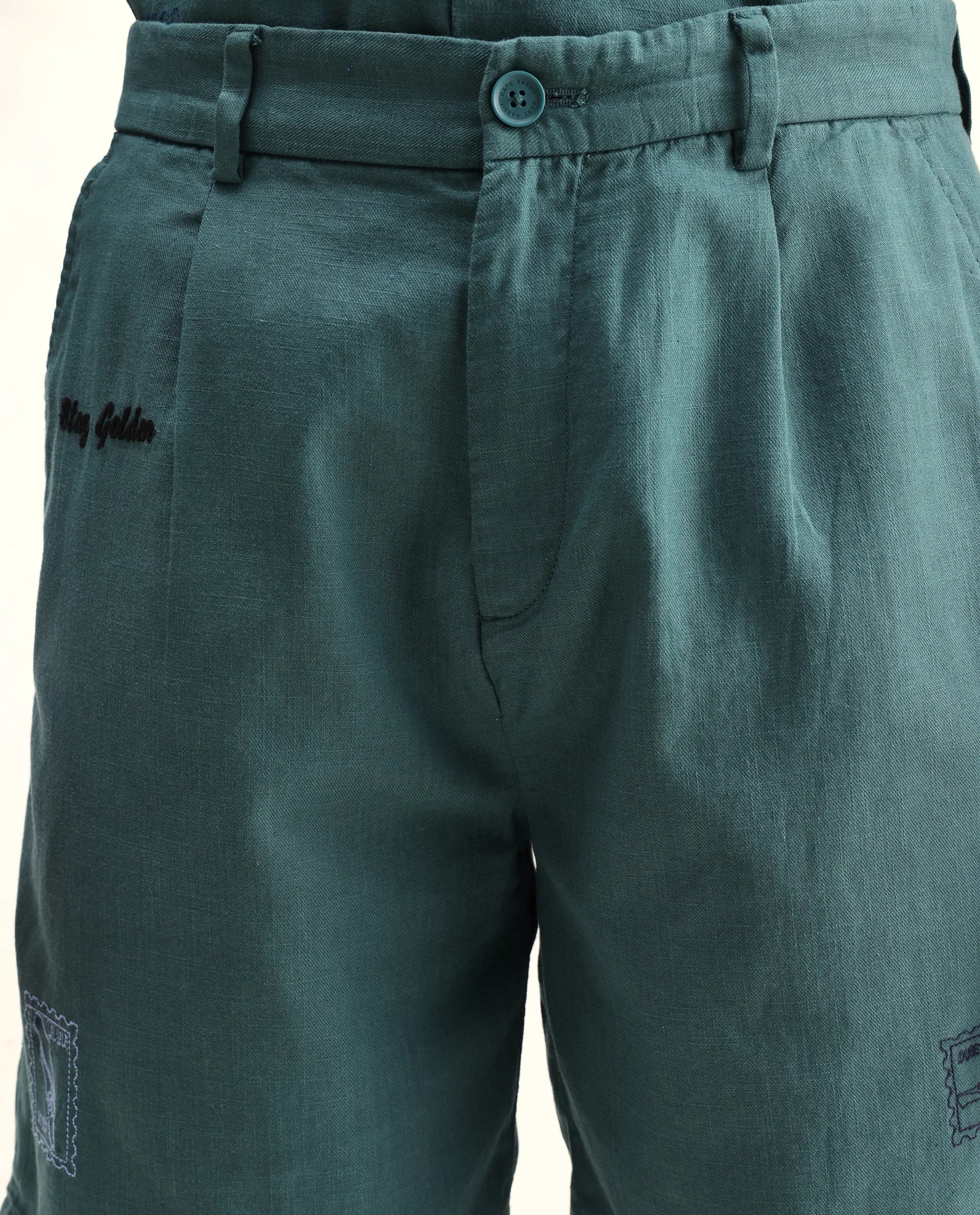 Rare Rabbit Men's Jarny-B Green Cotton Embroidered Regular Fit Shorts