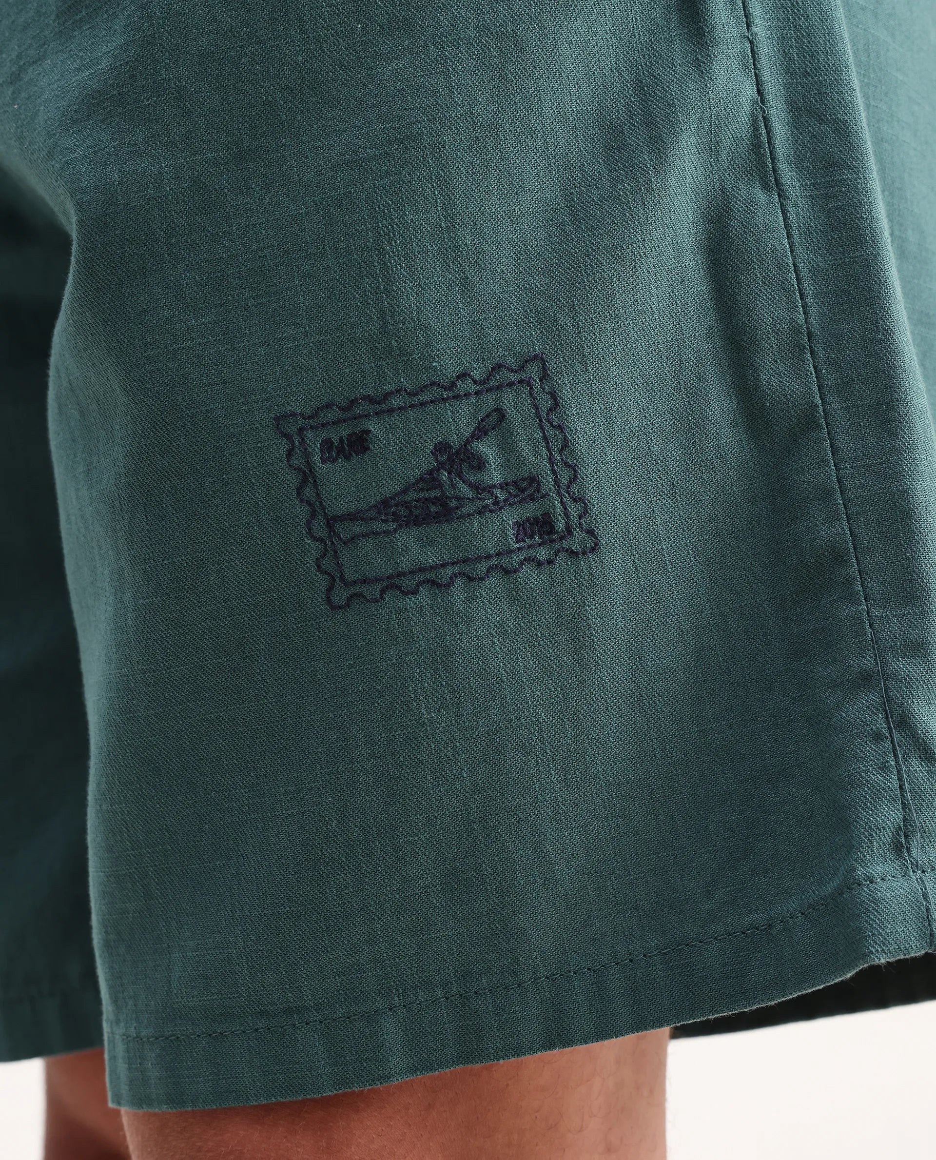 Rare Rabbit Men's Jarny-B Green Cotton Embroidered Regular Fit Shorts