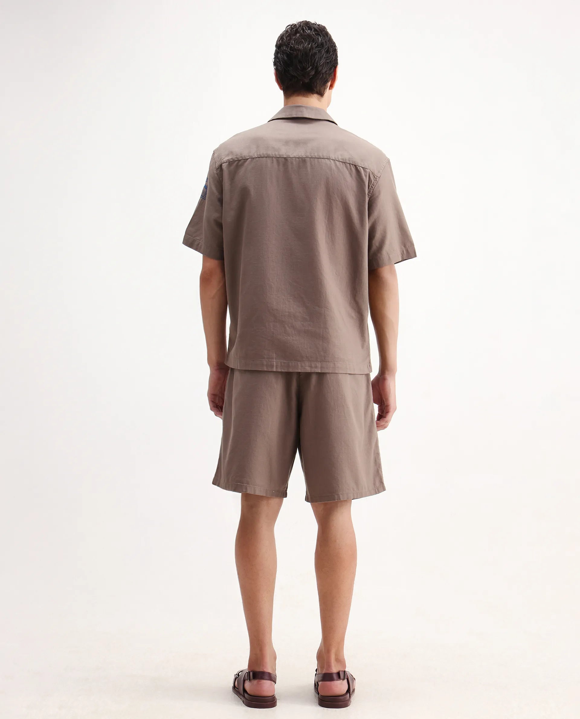 Rare Rabbit Men's Jarny-B Light Brown Linen Blend Embroidered Relaxed Fit Shorts