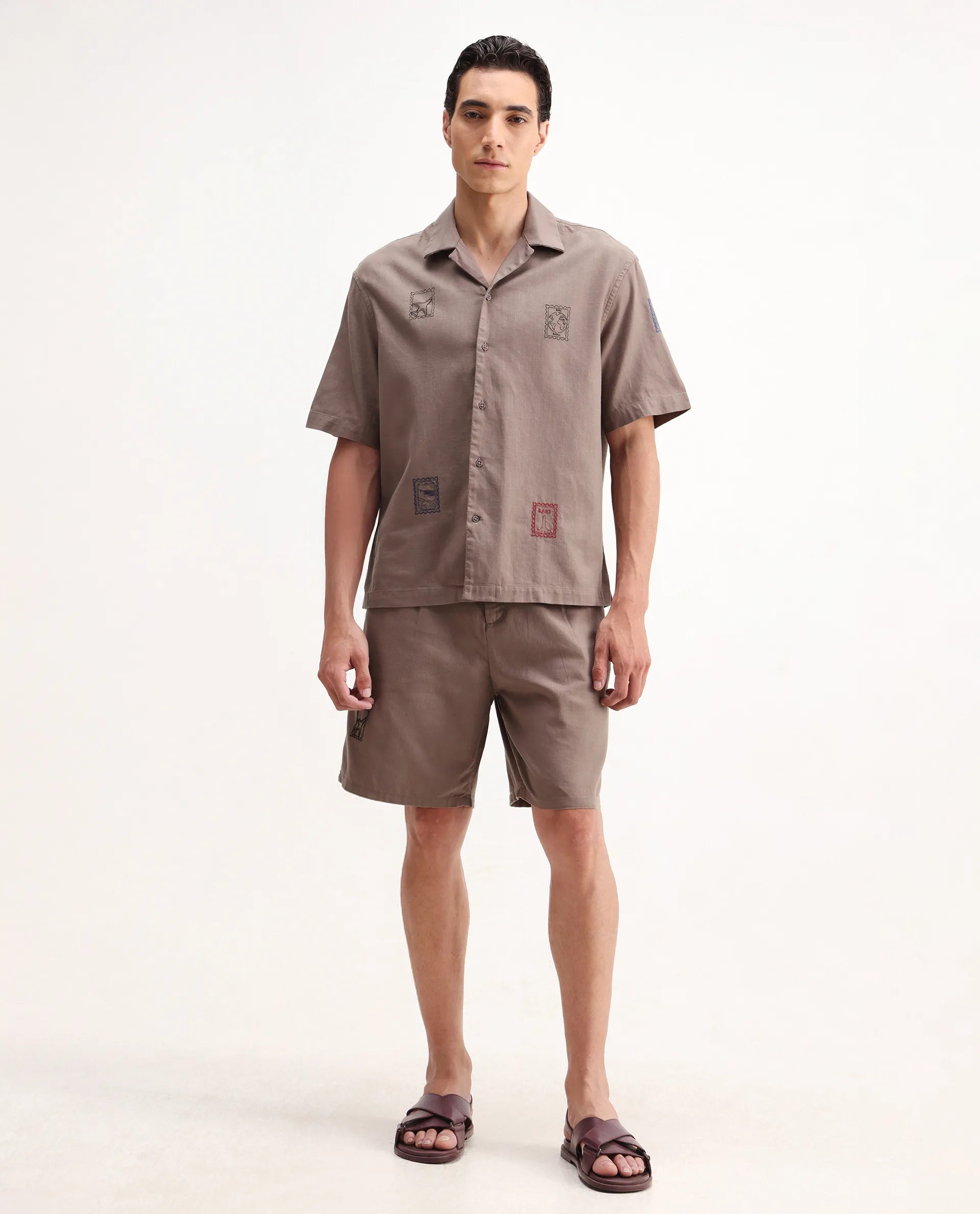 Rare Rabbit Men's Jarny-B Light Brown Linen Blend Embroidered Relaxed Fit Shorts