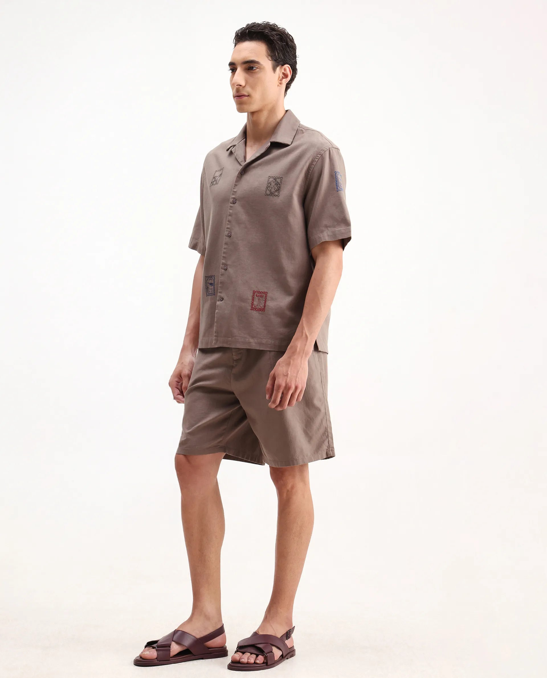 Rare Rabbit Men's Jarny-B Light Brown Linen Blend Embroidered Relaxed Fit Shorts