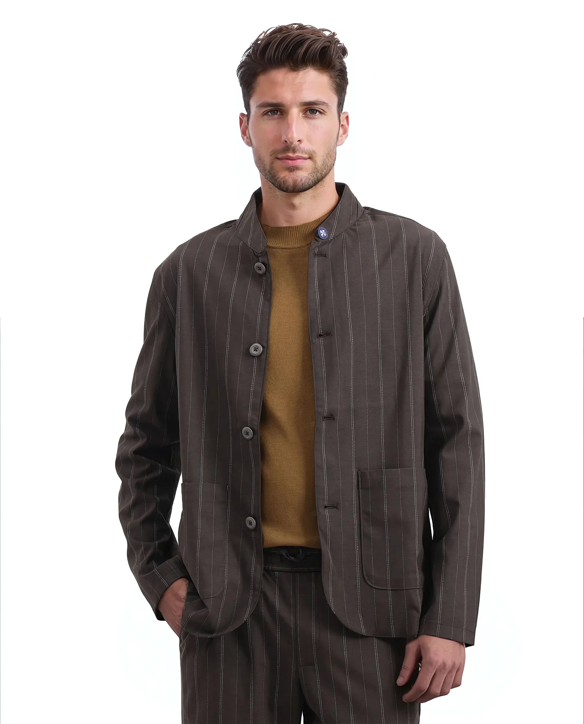 Rare Rabbit Men Jars Brown Polyester Viscose Fabric Full Sleeve Mandarin Collar Striped Jacket