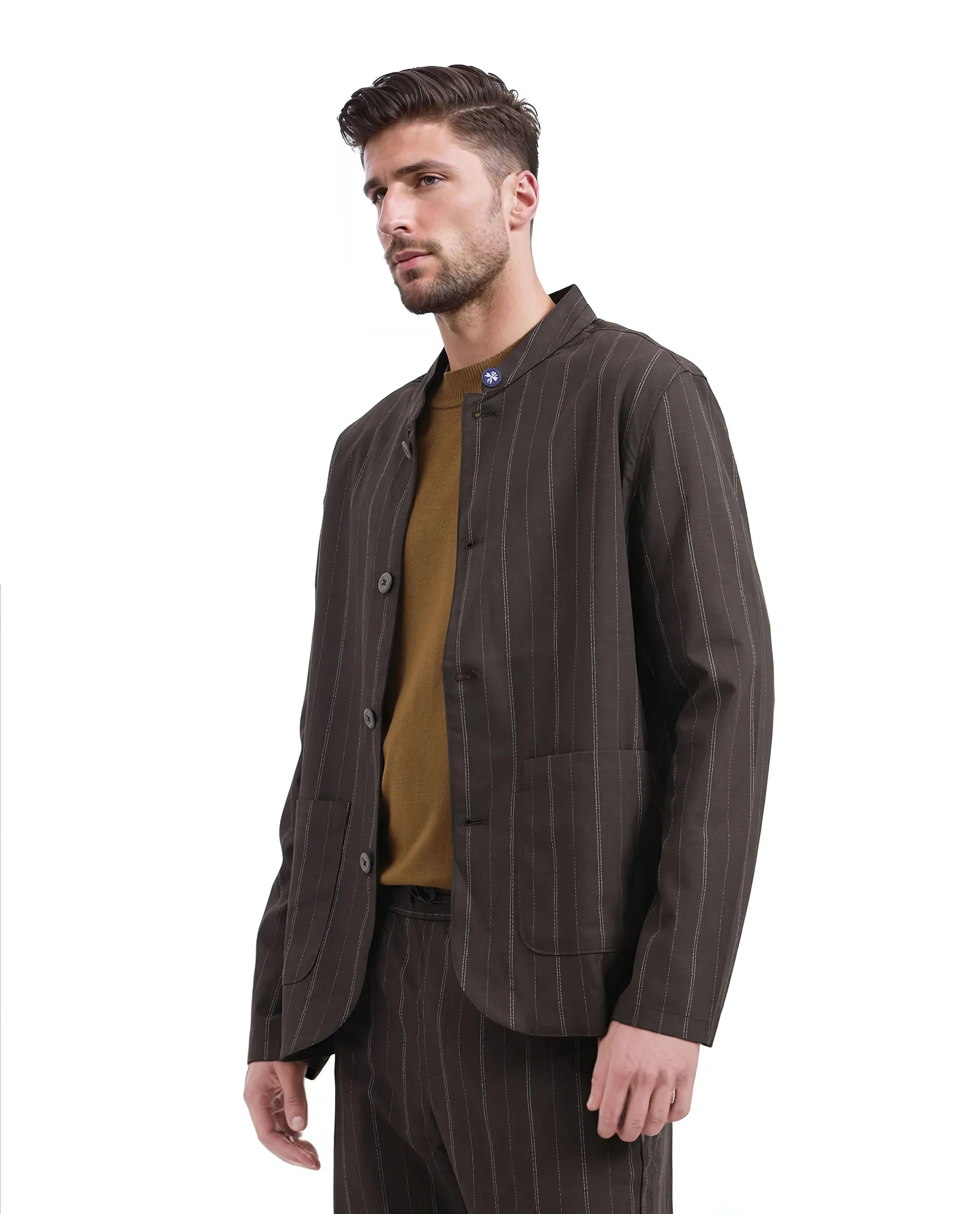 Rare Rabbit Men Jars Brown Polyester Viscose Fabric Full Sleeve Mandarin Collar Striped Jacket