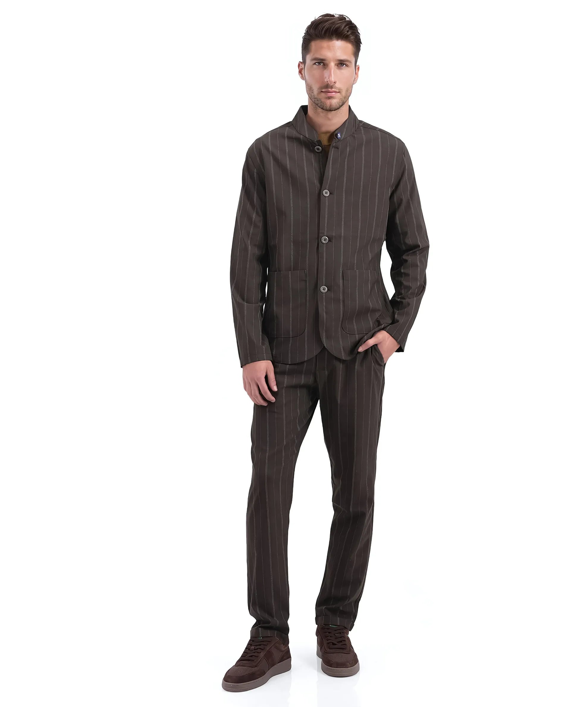 Rare Rabbit Men Jars Brown Polyester Viscose Fabric Full Sleeve Mandarin Collar Striped Jacket