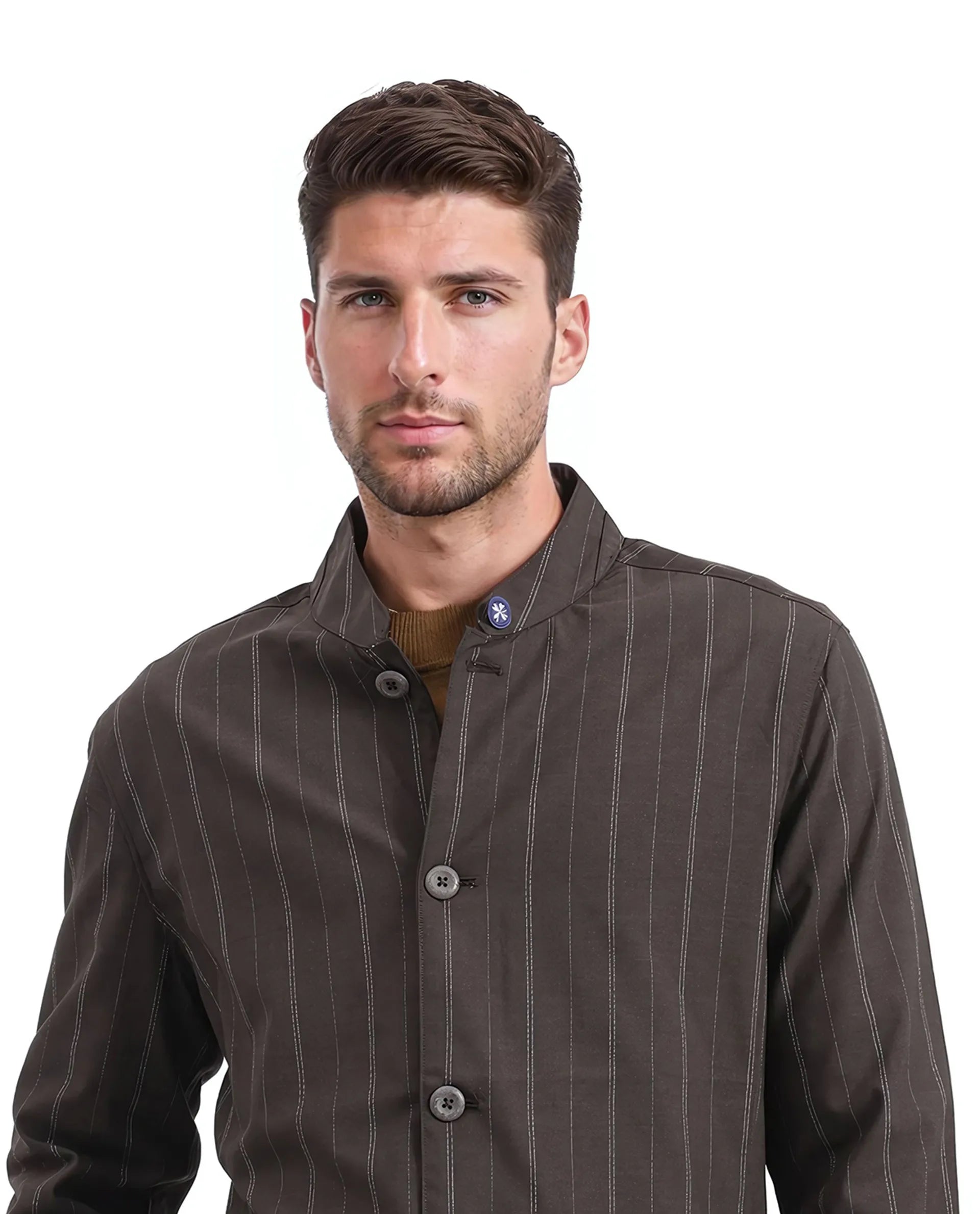 Rare Rabbit Men Jars Brown Polyester Viscose Fabric Full Sleeve Mandarin Collar Striped Jacket