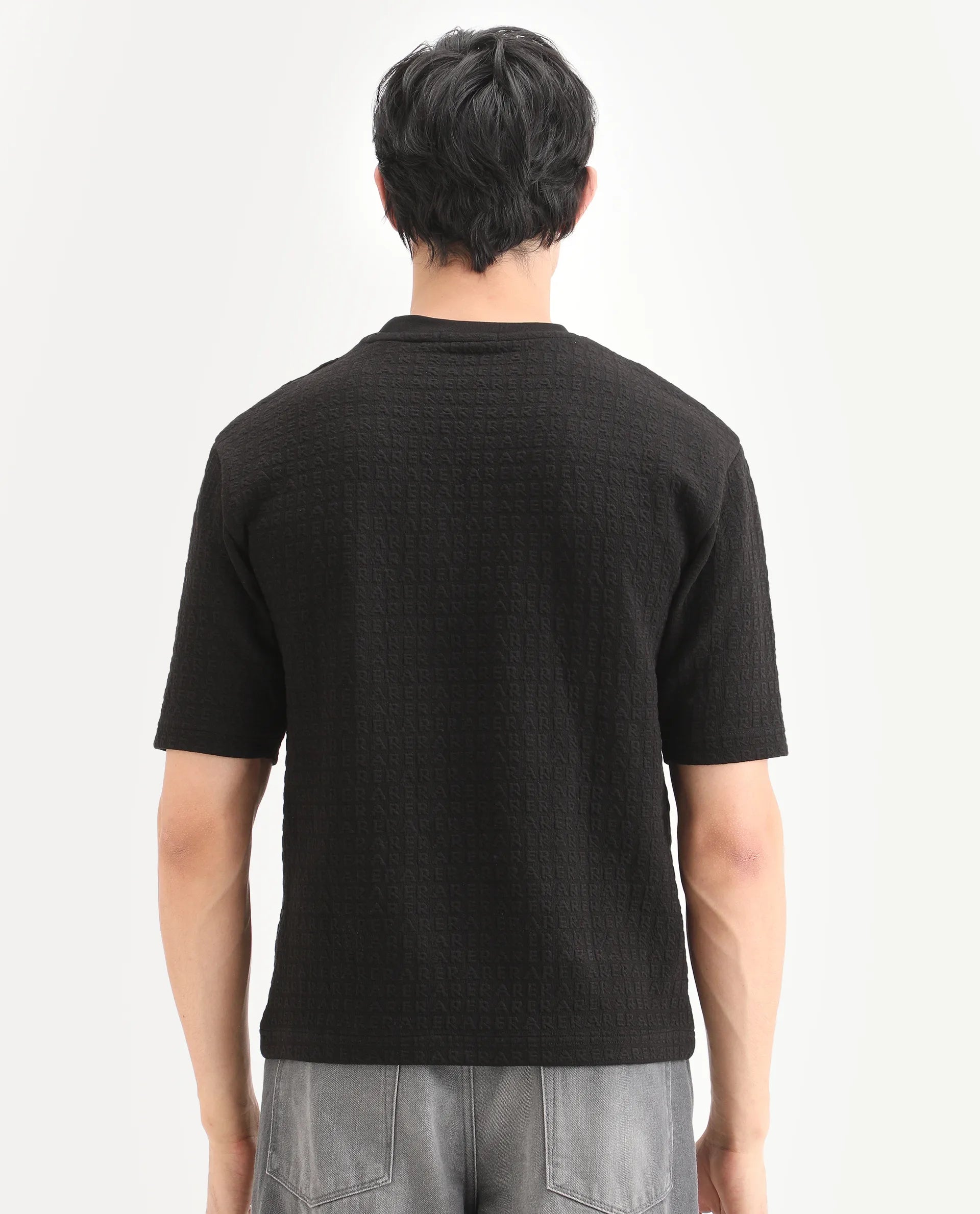 Rare Rabbit Men's Jas-2 Black Polyester Blend Fabric Half Sleeve Crew Neck Oversized Jacquard T-Shirt